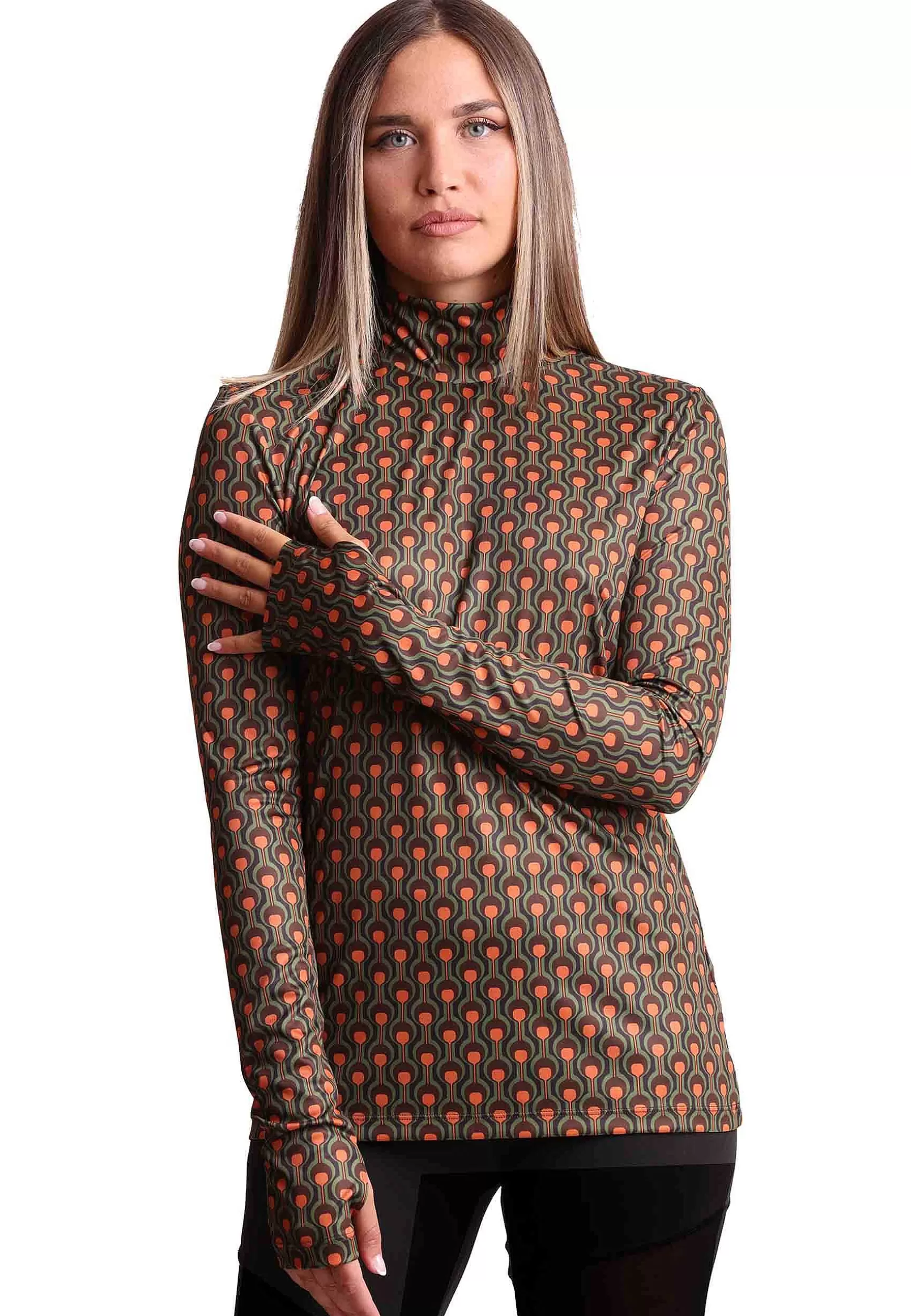 Maglia Donna Frieze In Jersey Stampato Verde E Marrone A Collo Alto Con Manica A Guanto*Maliparmi Flash Sale