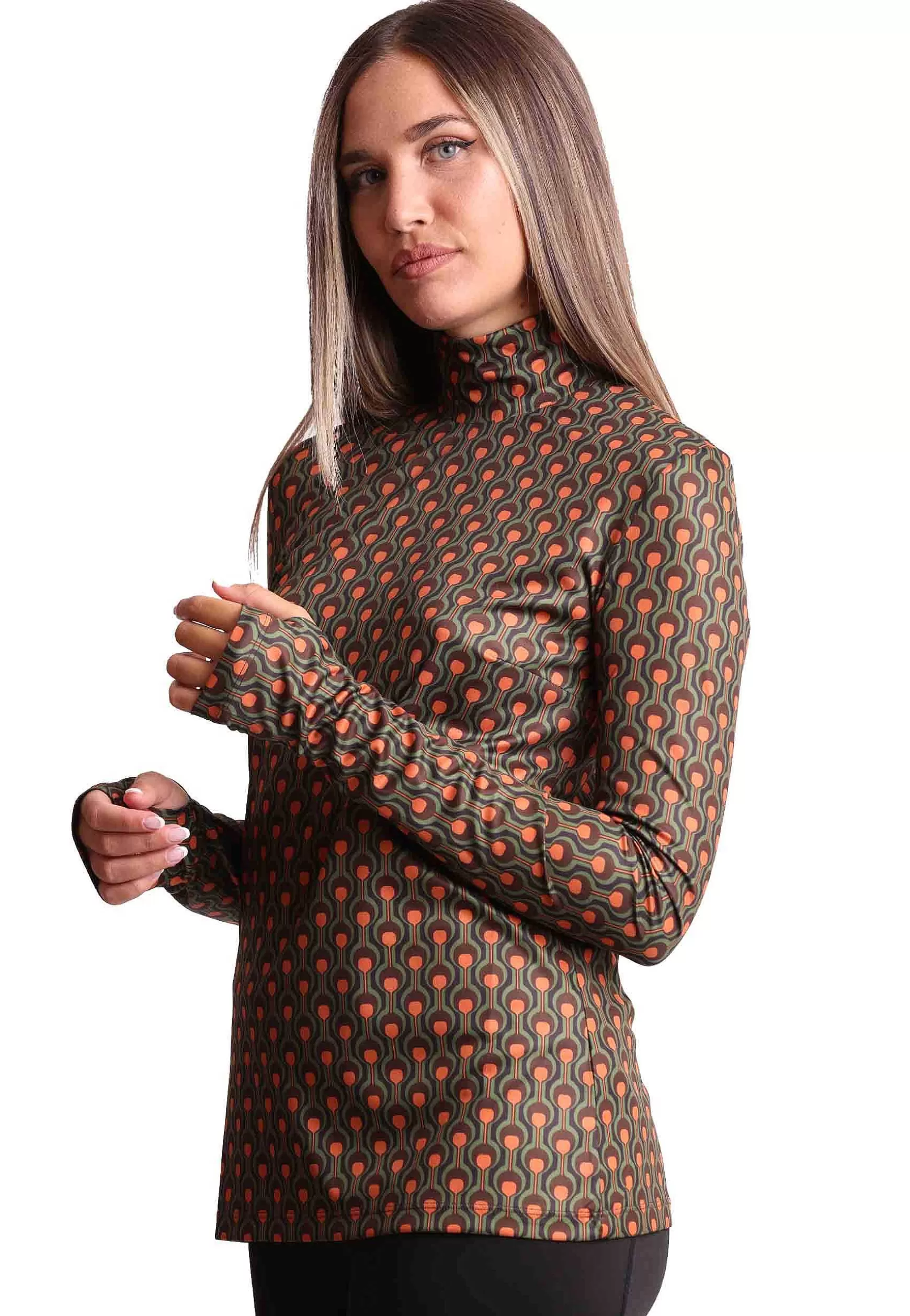 Maglia Donna Frieze In Jersey Stampato Verde E Marrone A Collo Alto Con Manica A Guanto*Maliparmi Flash Sale