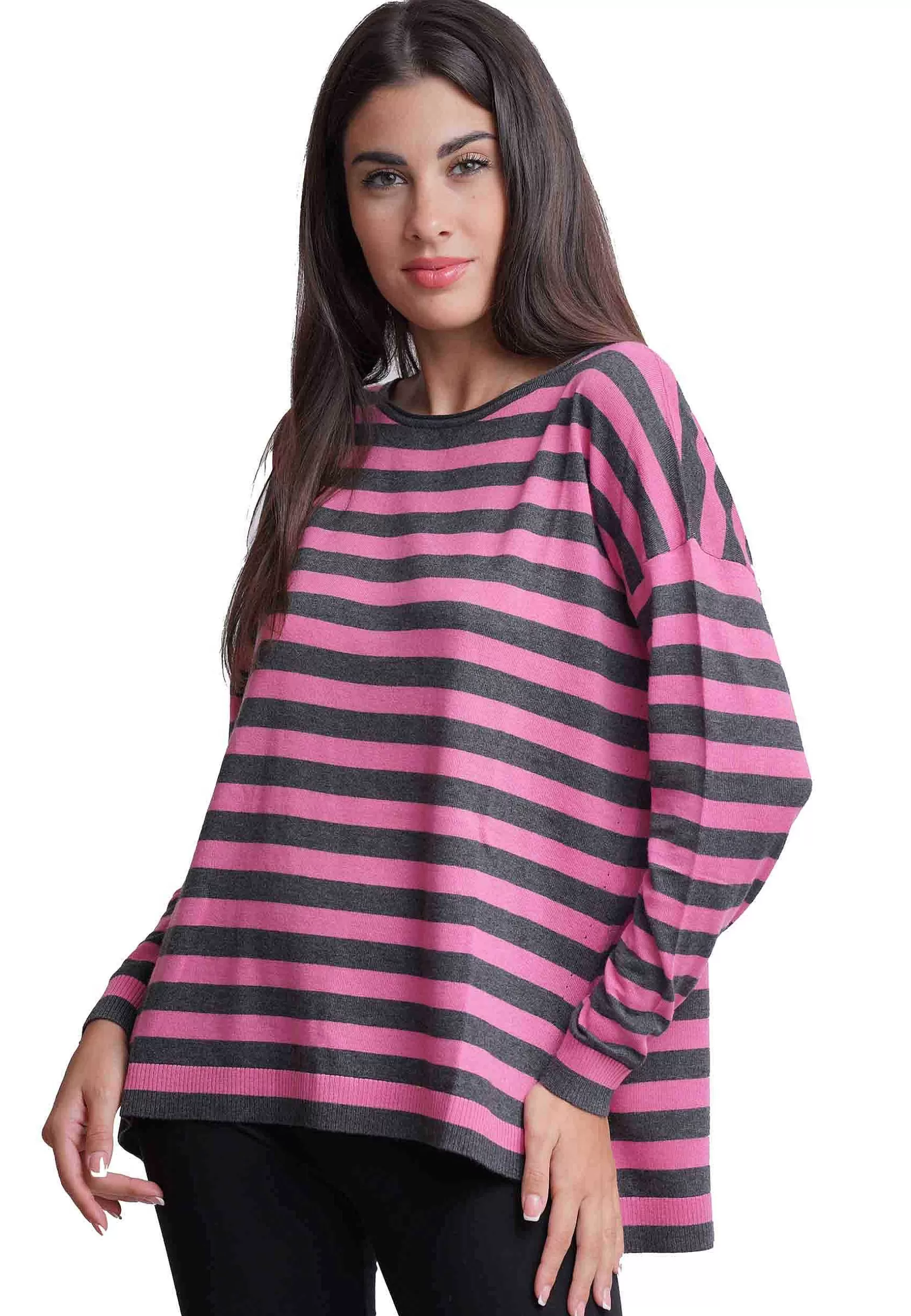 Maglia Donna Soft Touch A In Misto Cachemire Righe Grigio E Rosa*Maliparmi Sale