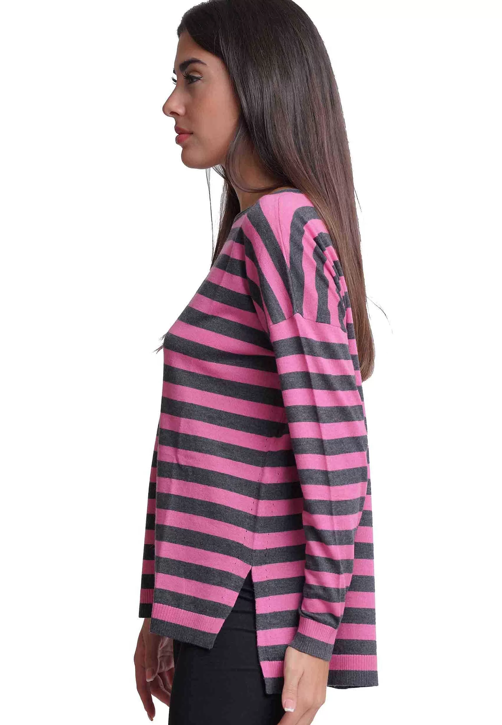 Maglia Donna Soft Touch A In Misto Cachemire Righe Grigio E Rosa*Maliparmi Sale