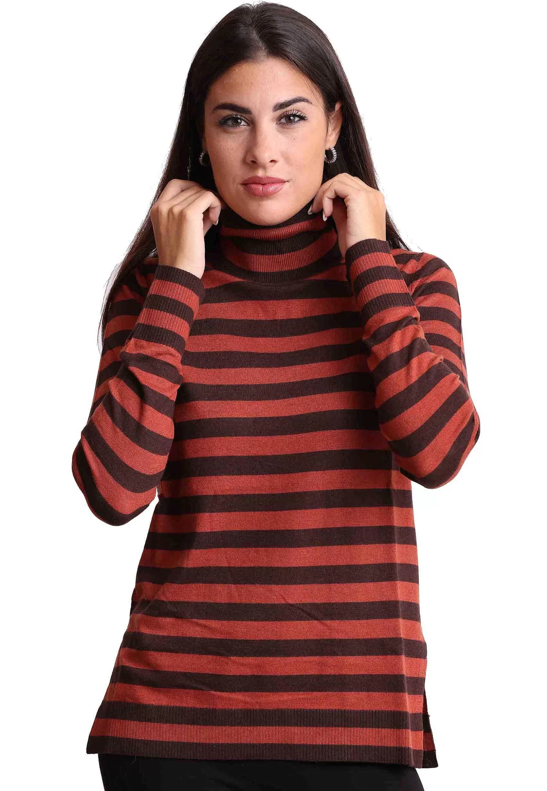 Maglia Donna Soft Touch In Lana Marrone E Arancio A Collo Alto*Maliparmi New