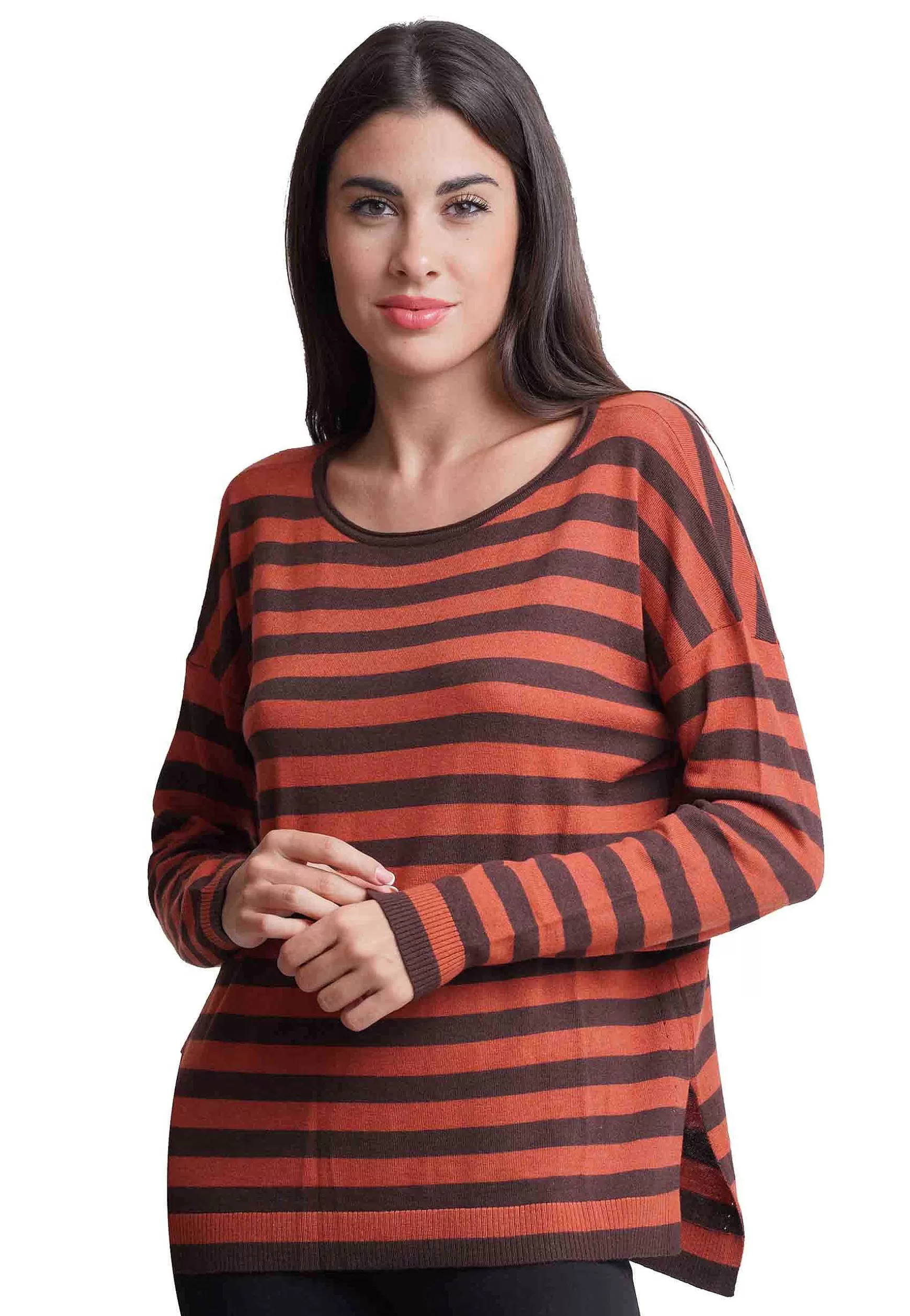 Maglia Donna Soft Touch In Misto Cachemire A Righe Arancio E Marrone*Maliparmi Outlet