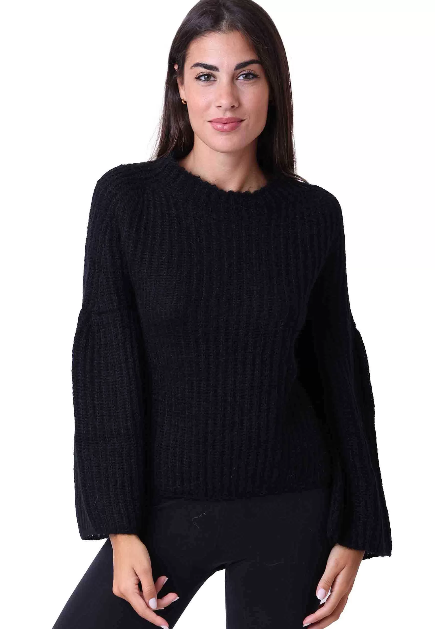 Maglia Nuvola Donna In Lana Mohair Nera Girocollo Con Maniche Lunghe*Pink Memories Fashion