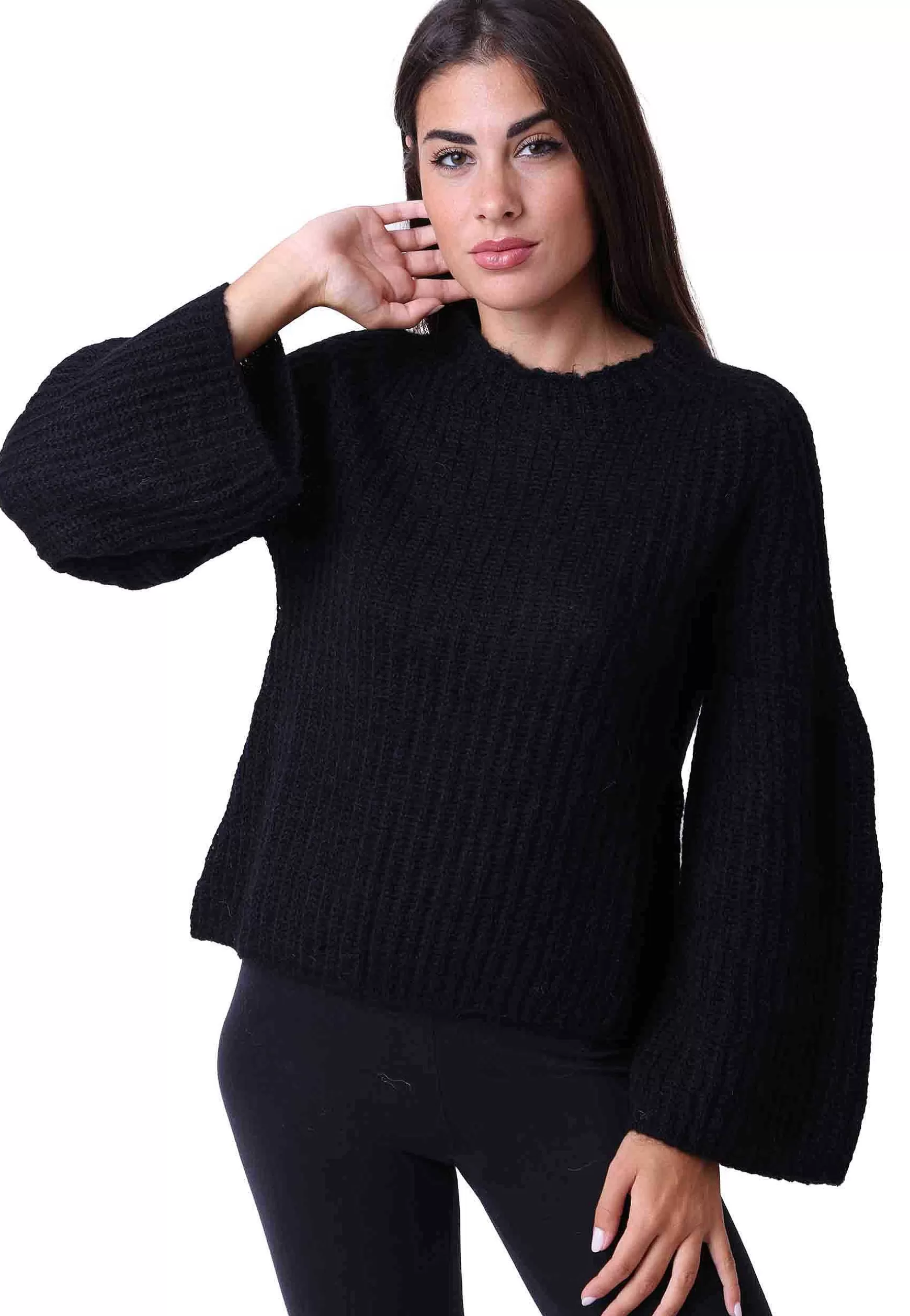 Maglia Nuvola Donna In Lana Mohair Nera Girocollo Con Maniche Lunghe*Pink Memories Fashion