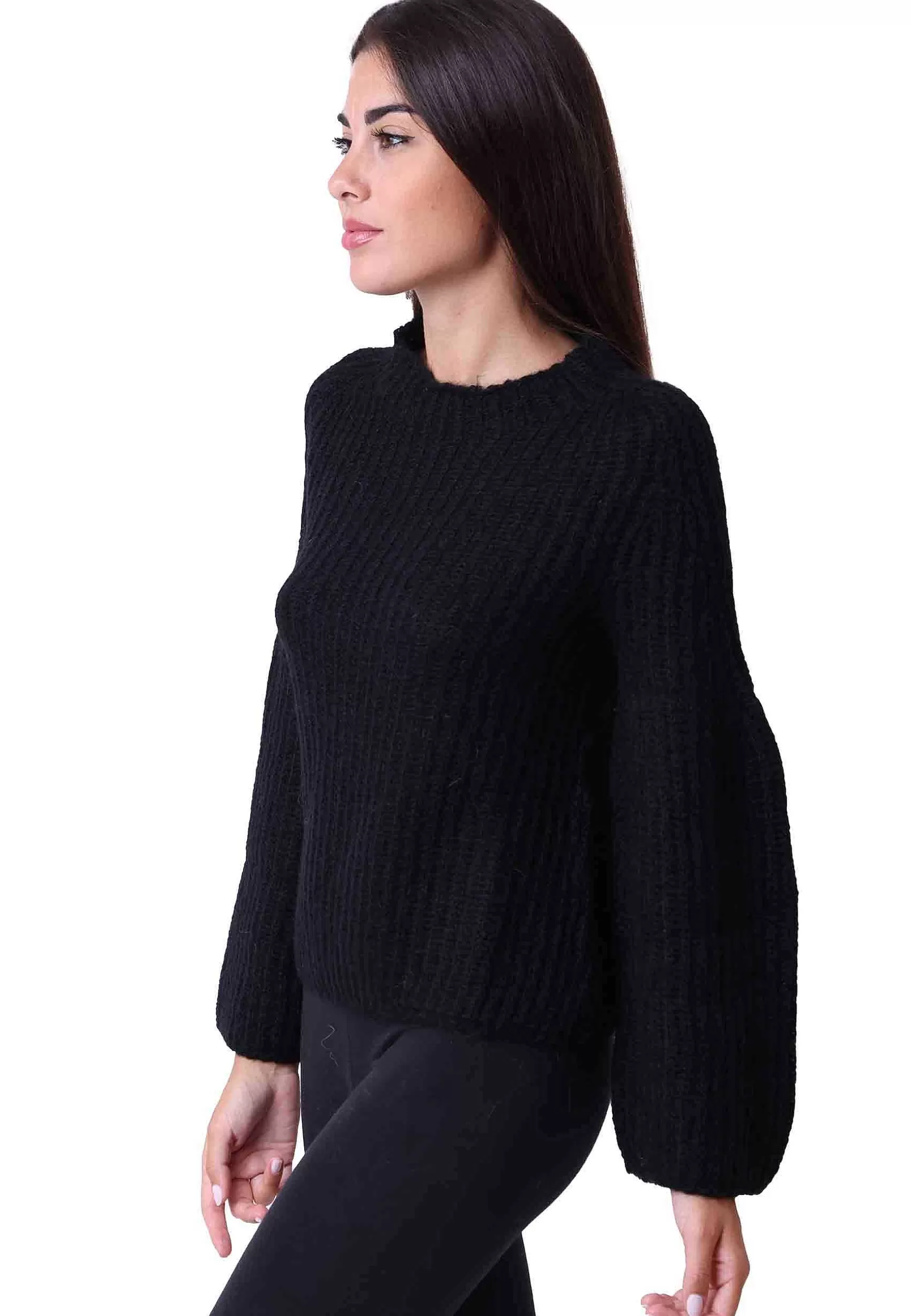 Maglia Nuvola Donna In Lana Mohair Nera Girocollo Con Maniche Lunghe*Pink Memories Fashion