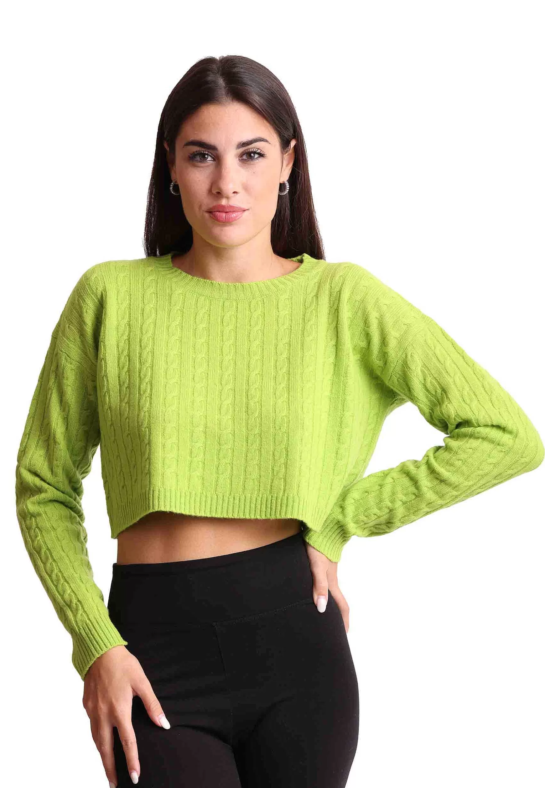 Maglione Corto Donna In Lana Cachemire Verde Girocollo*Maliparmi Shop