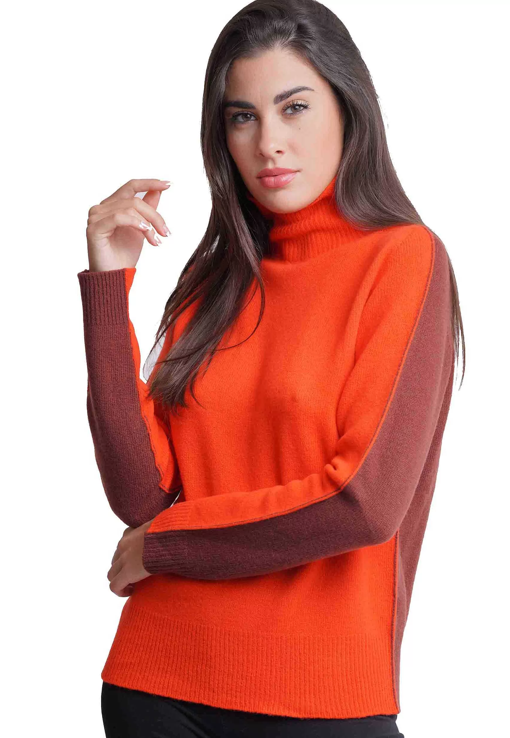 Maglione Donna Bicolor In Cachemire A Collo Alto Arancio E Marrone*Maliparmi Shop
