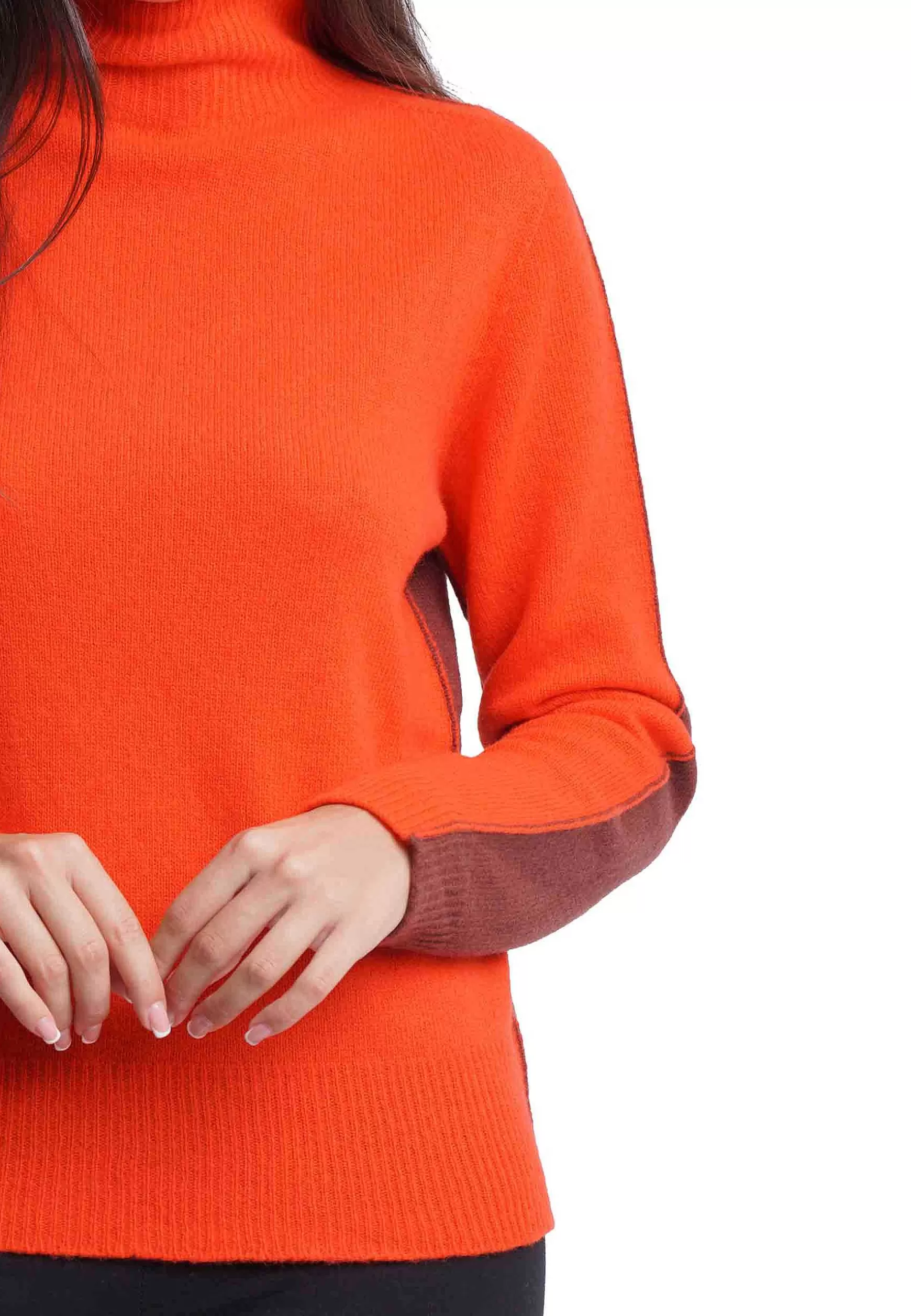 Maglione Donna Bicolor In Cachemire A Collo Alto Arancio E Marrone*Maliparmi Shop