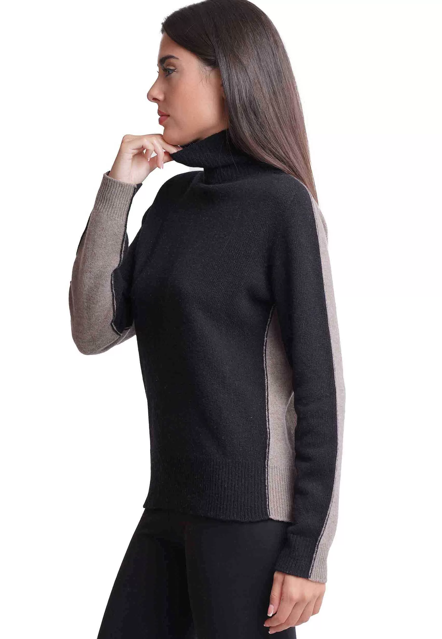 Maglione Donna Bicolor In Cachemire A Collo Alto Nero E Grigio*Maliparmi Store