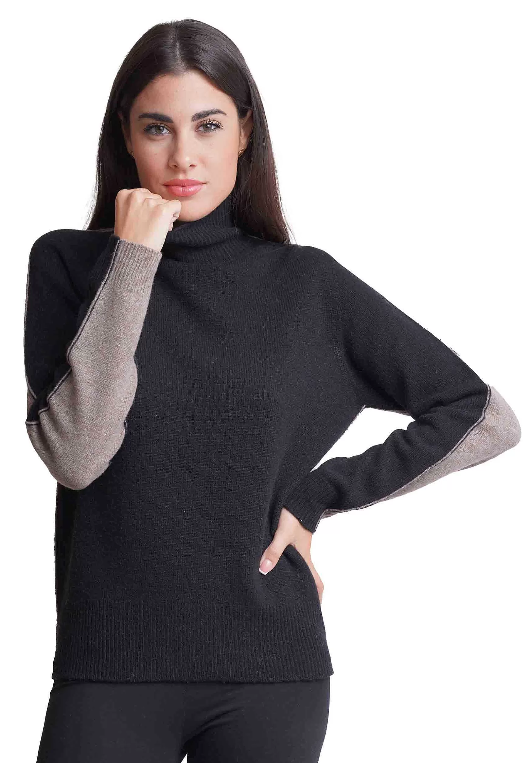 Maglione Donna Bicolor In Cachemire A Collo Alto Nero E Grigio*Maliparmi Store