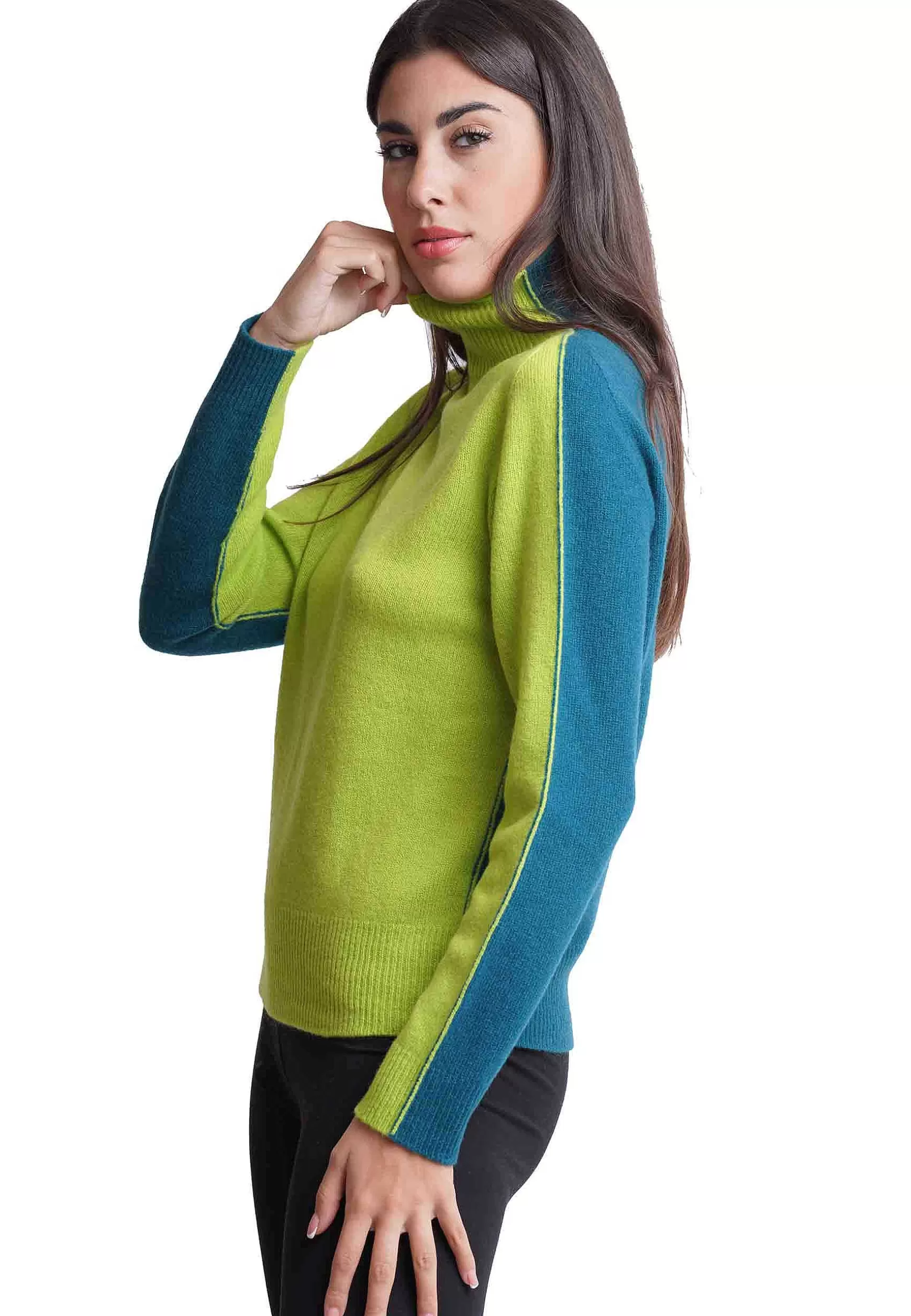 Maglione Donna Bicolor In Cachemire A Collo Alto Verde E Blu*Maliparmi Sale