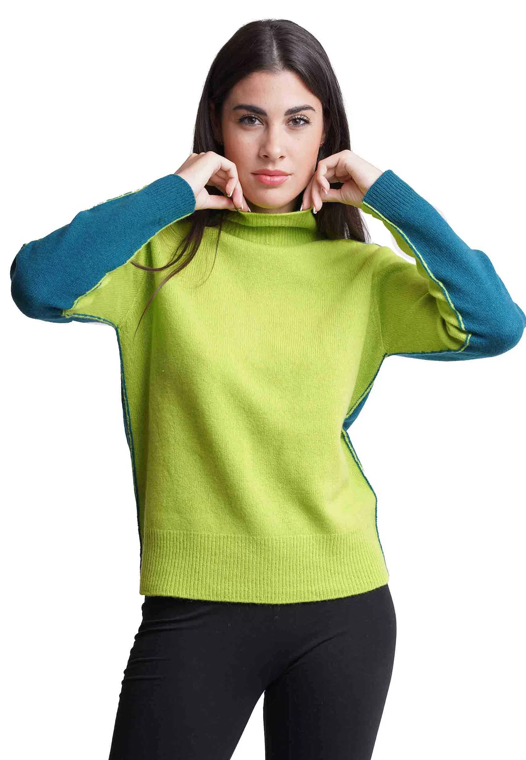 Maglione Donna Bicolor In Cachemire A Collo Alto Verde E Blu*Maliparmi Sale