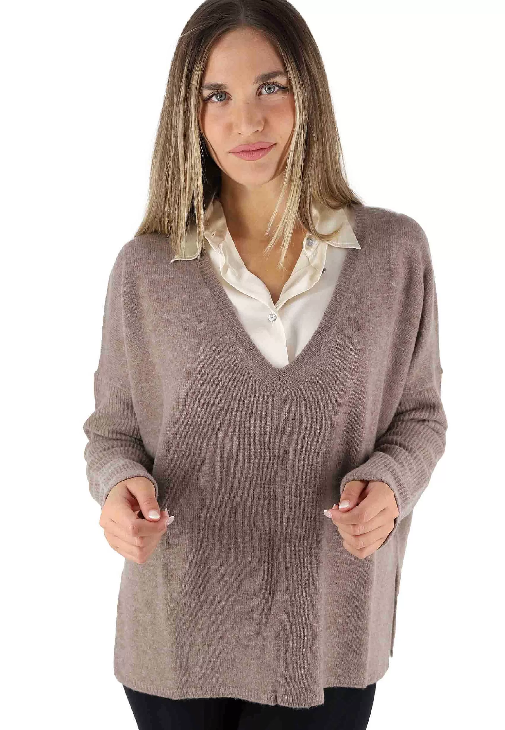 Maglioni Donna Cashmere Wool Over In Lana Taupe Con Scollo A V*Maliparmi Store
