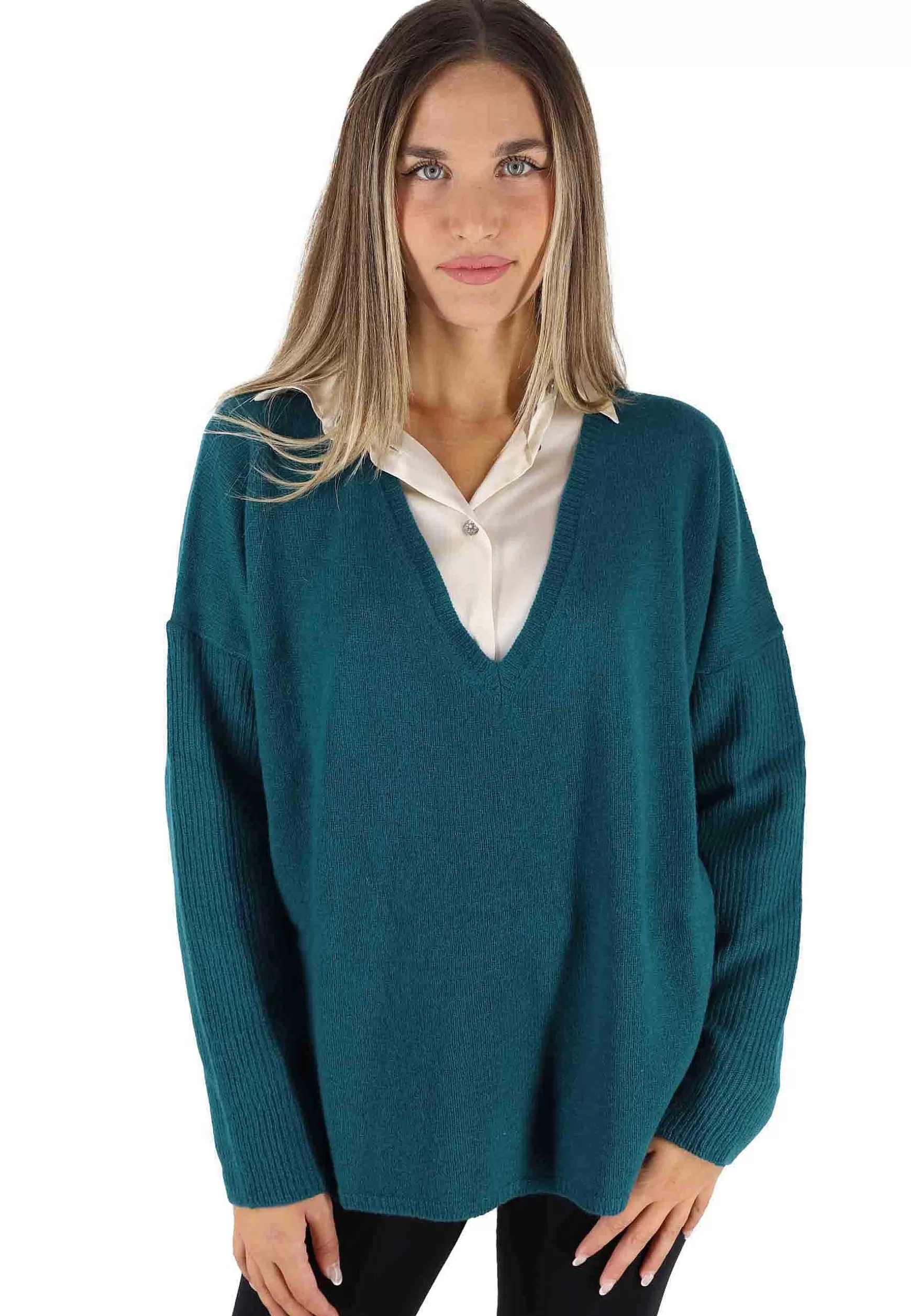 Maglioni Donna Cashmere Wool Over In Lana Verde Con Scollo A V*Maliparmi Cheap