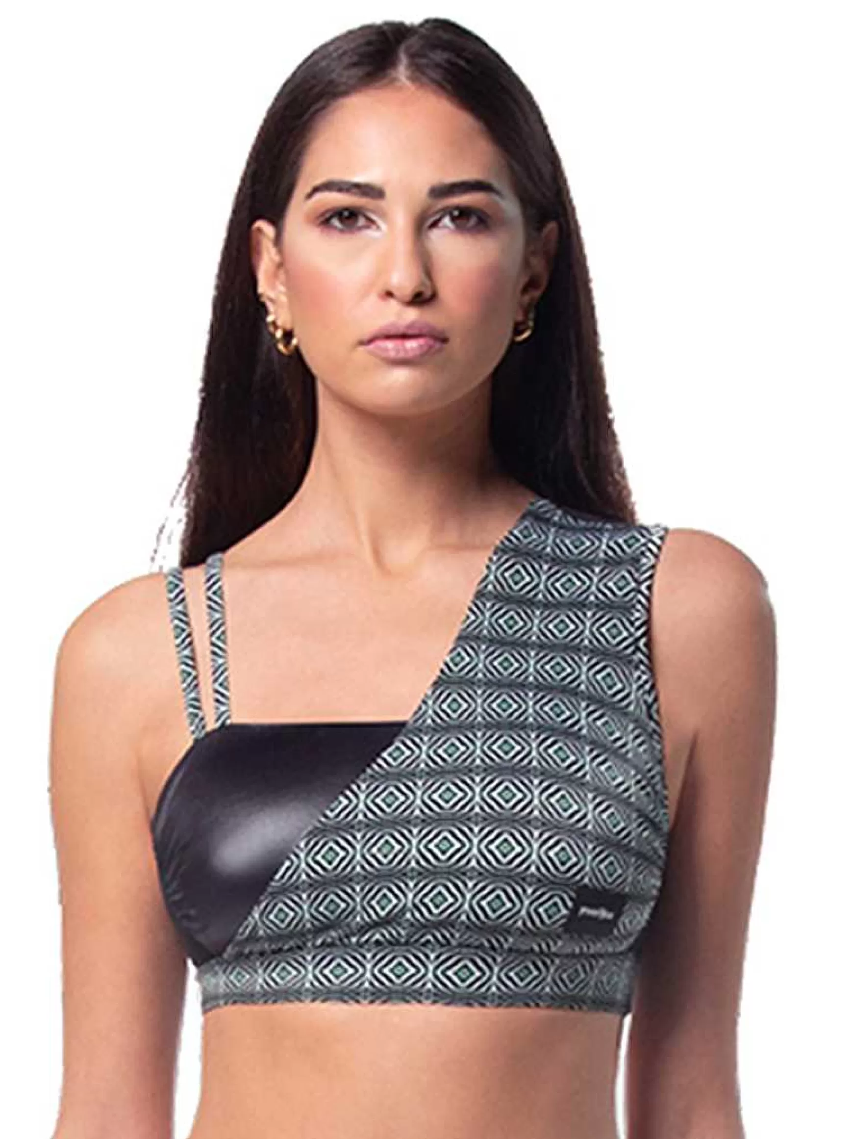 Mitika Top Donna Mitika Tribal Pole Dance In Lycra Nero E Verde Double Face*Invertika Fashion