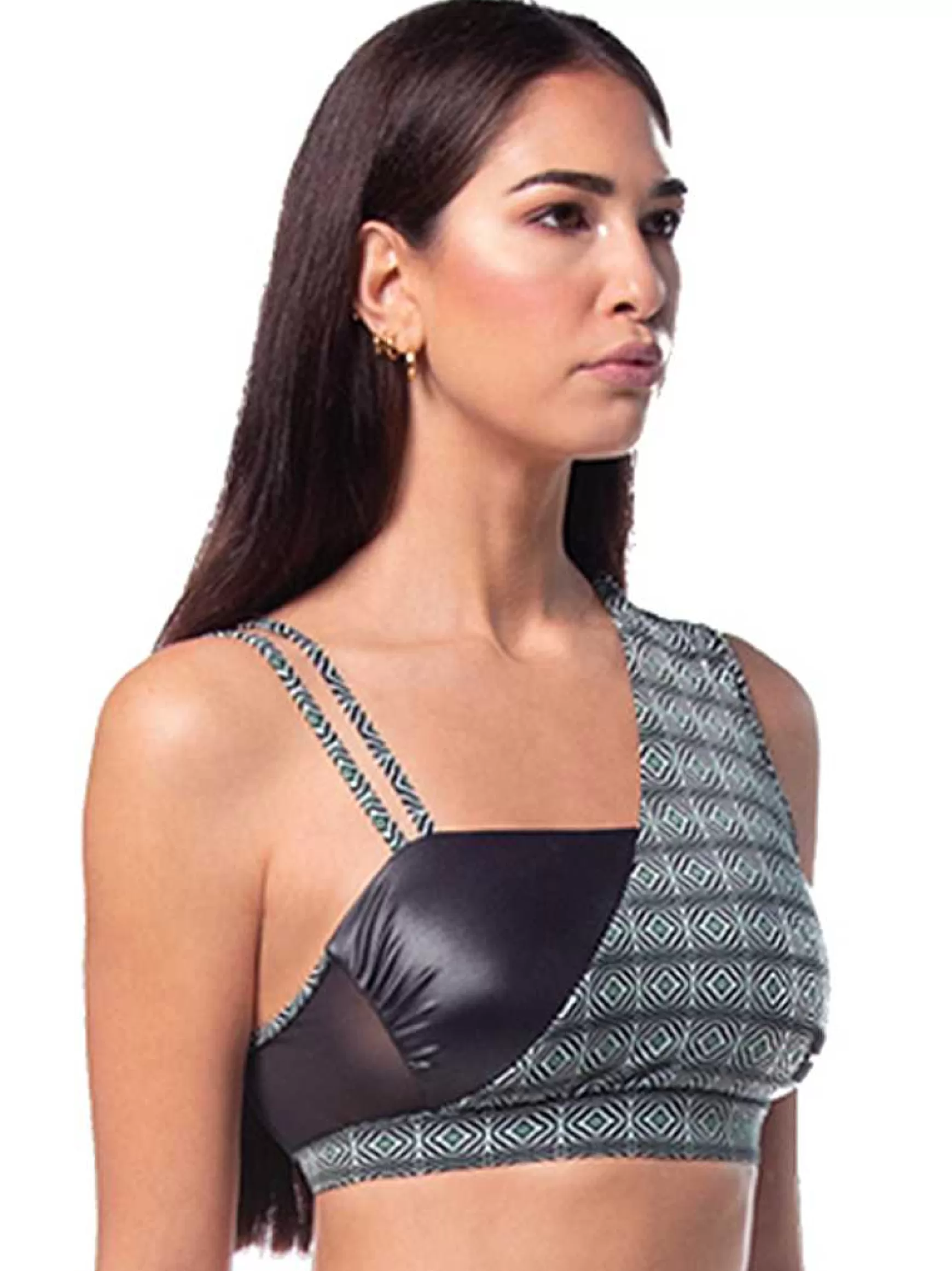 Mitika Top Donna Mitika Tribal Pole Dance In Lycra Nero E Verde Double Face*Invertika Fashion