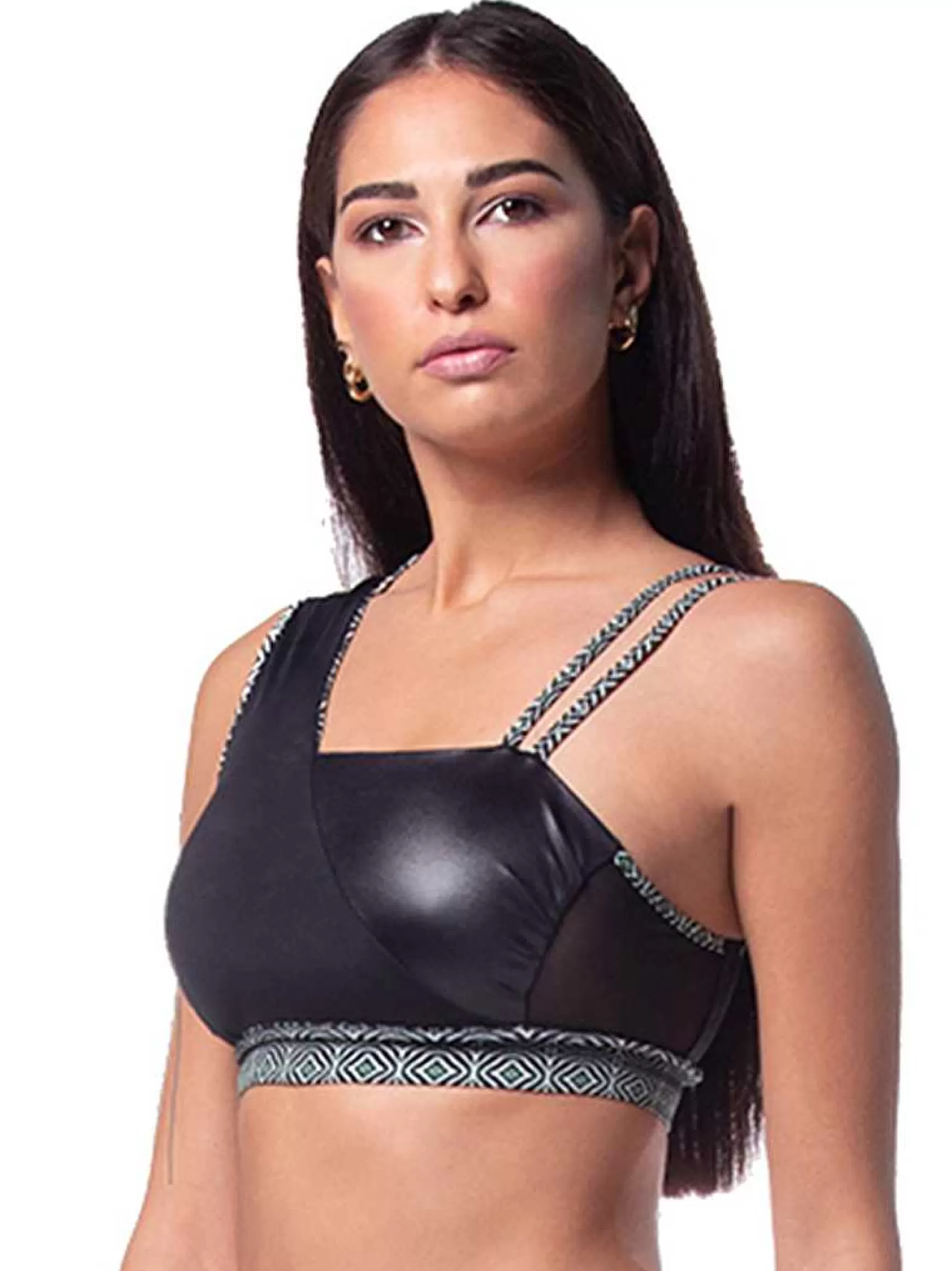 Mitika Top Donna Mitika Tribal Pole Dance In Lycra Nero E Verde Double Face*Invertika Fashion