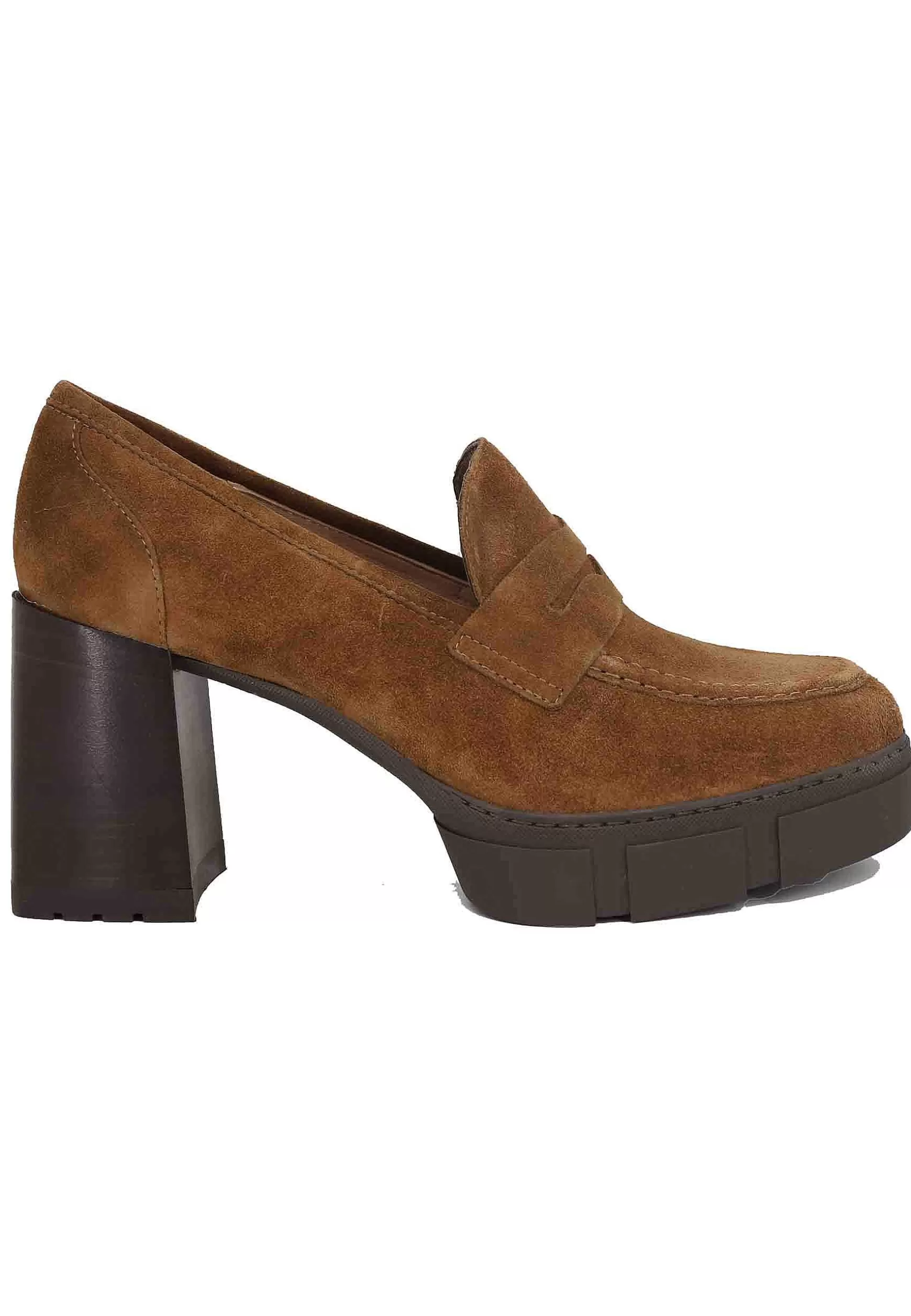 Mocassini Donna In Camoscio Cuoio Con Tacco Alto E Plateau*Unisa Fashion