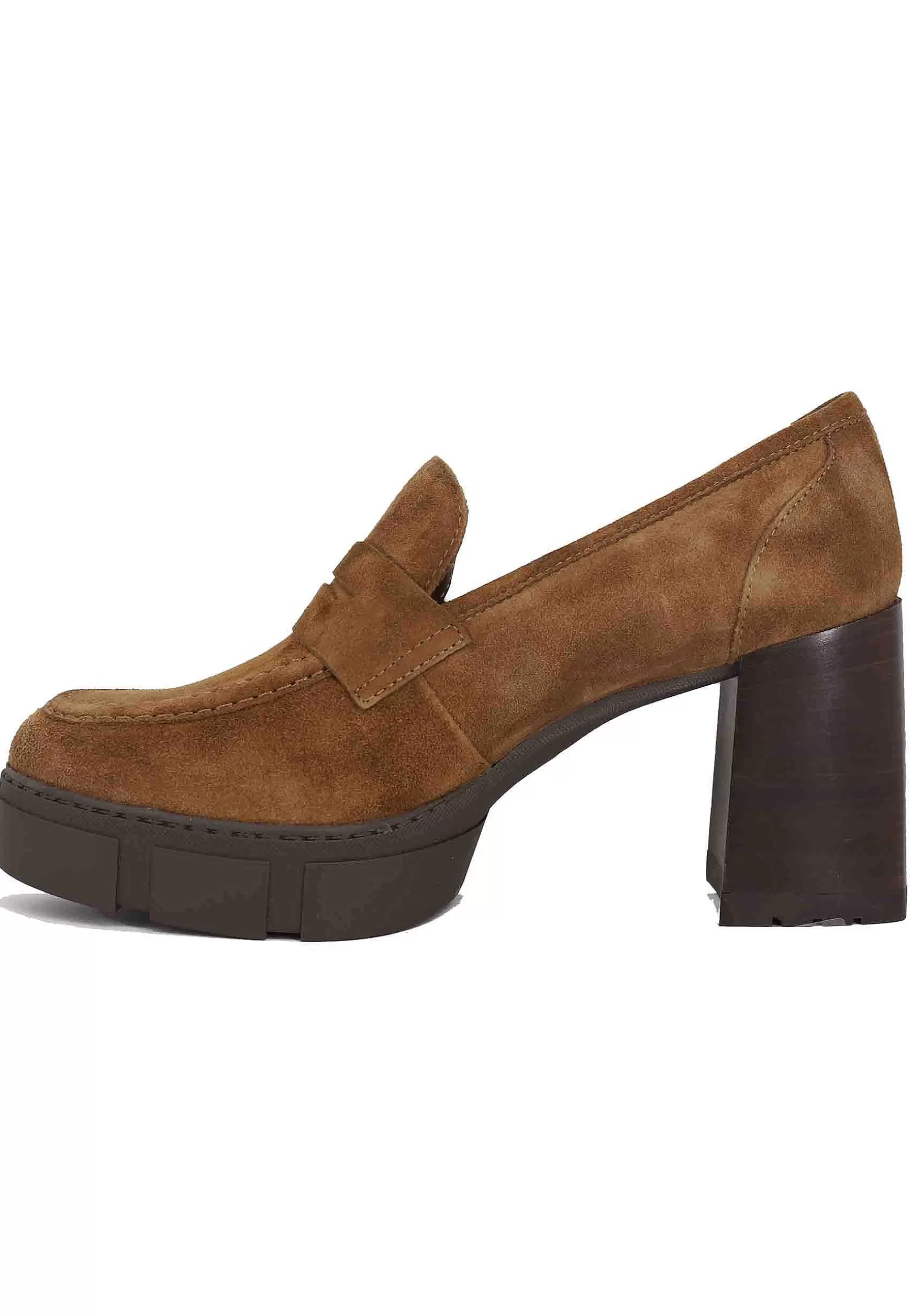Mocassini Donna In Camoscio Cuoio Con Tacco Alto E Plateau*Unisa Fashion