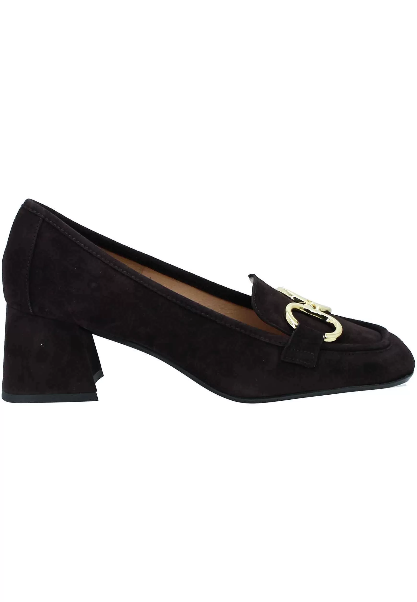 Mocassini Donna In Camsocio Testa Di Moro Con Morsetto In Oro E Tacco Medio** New