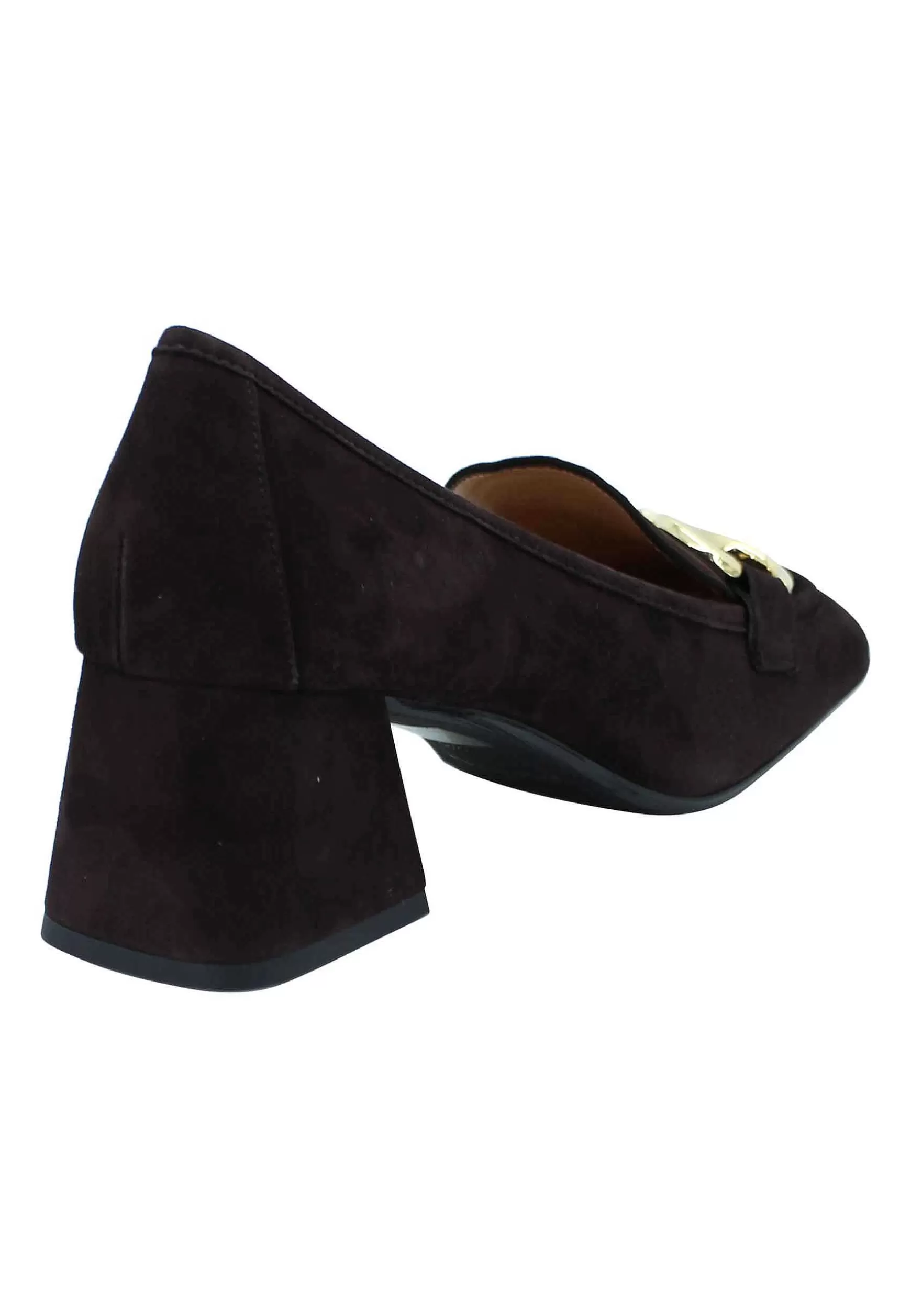Mocassini Donna In Camsocio Testa Di Moro Con Morsetto In Oro E Tacco Medio** New