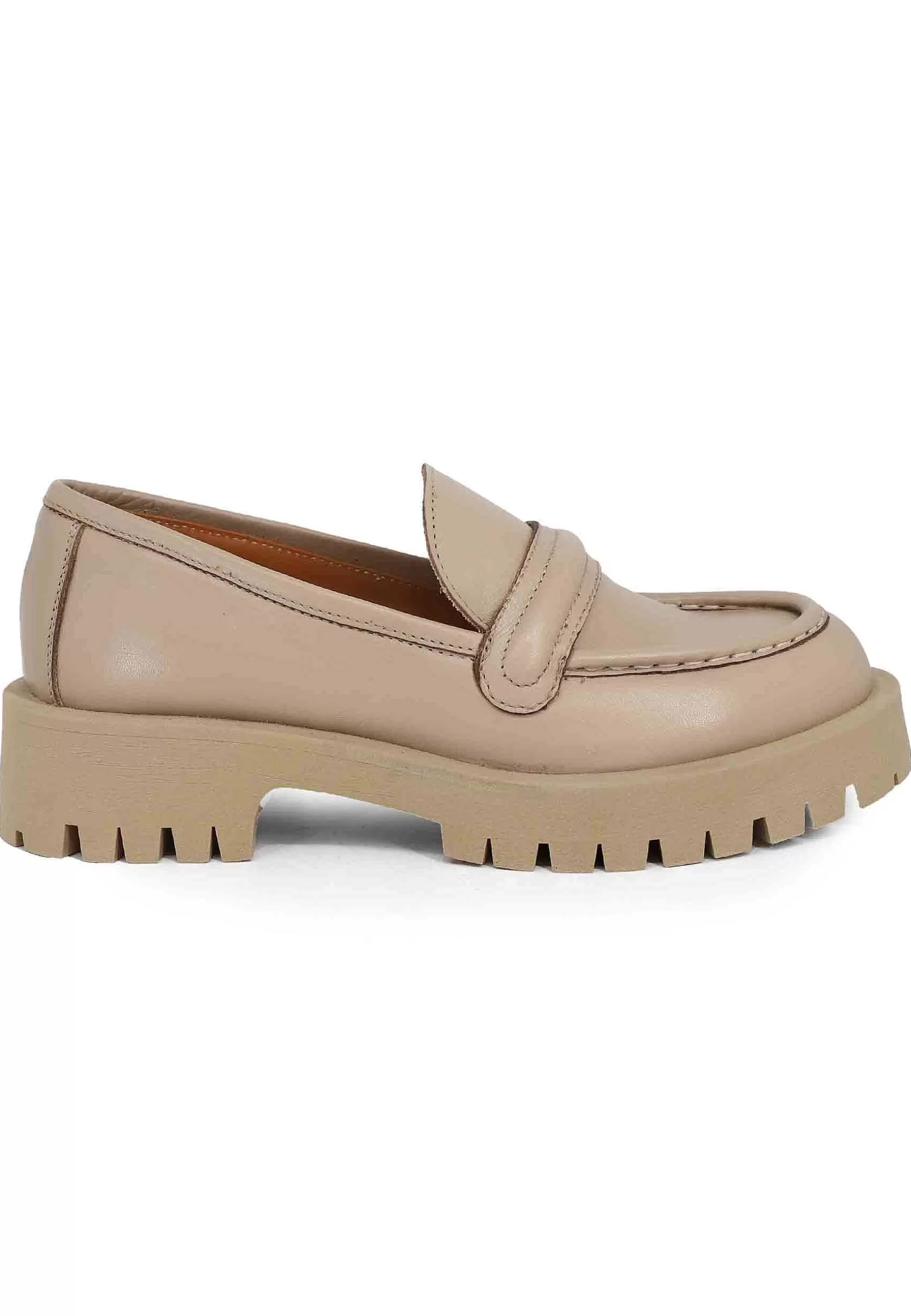 Mocassini Donna In Pelle Beige Con Suola In Gomma Carrarmato** Best Sale