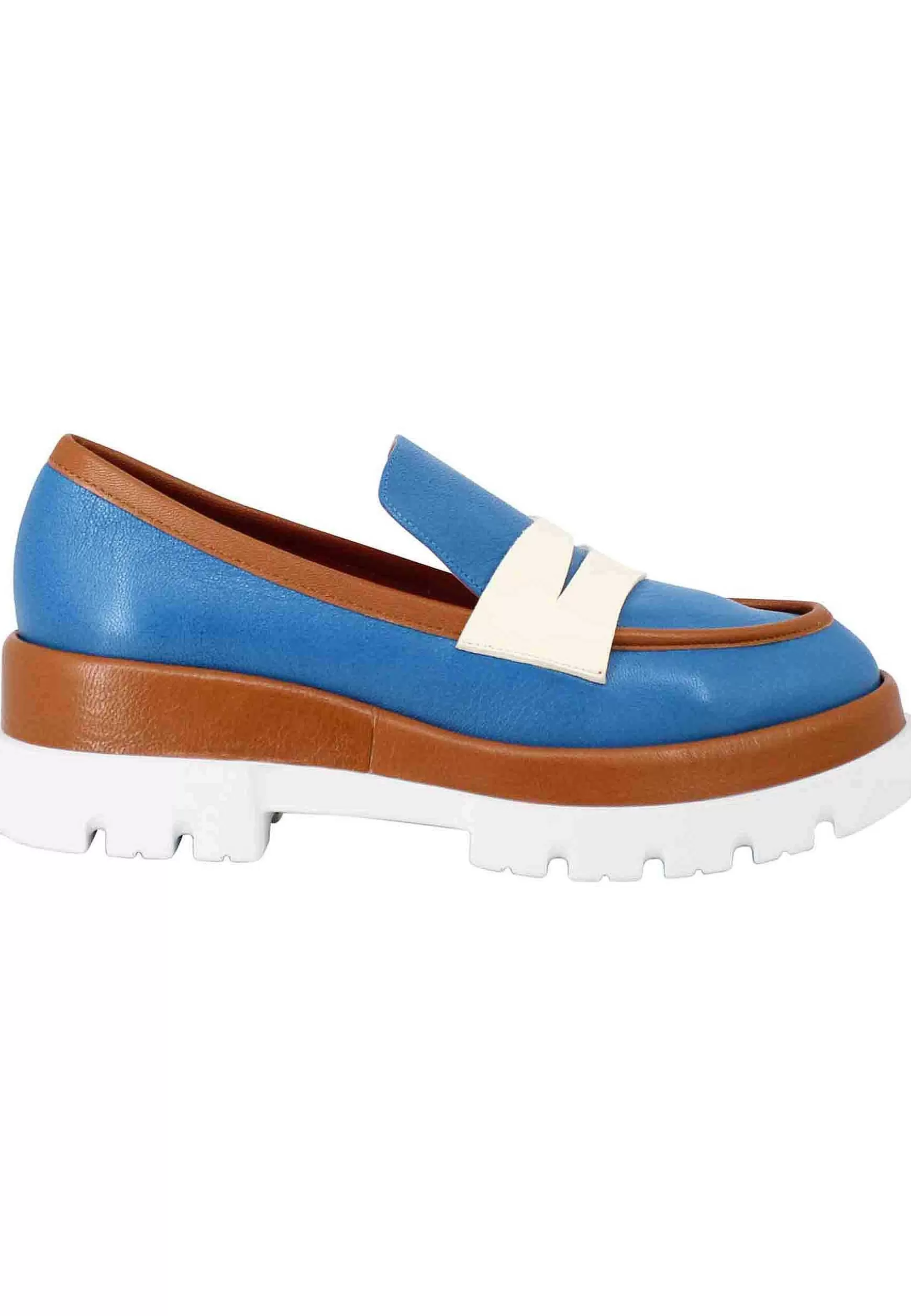 Mocassini Donna In Pelle Blu Con Zeppa E Riporti N Pelle Cuoio*Le Babe New