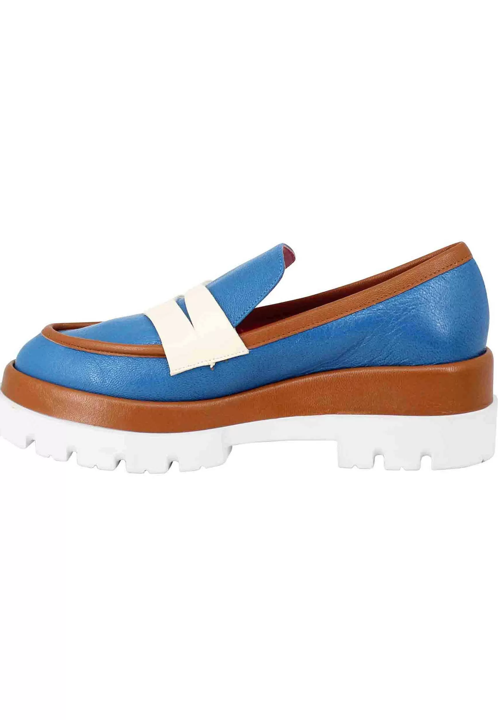 Mocassini Donna In Pelle Blu Con Zeppa E Riporti N Pelle Cuoio*Le Babe New