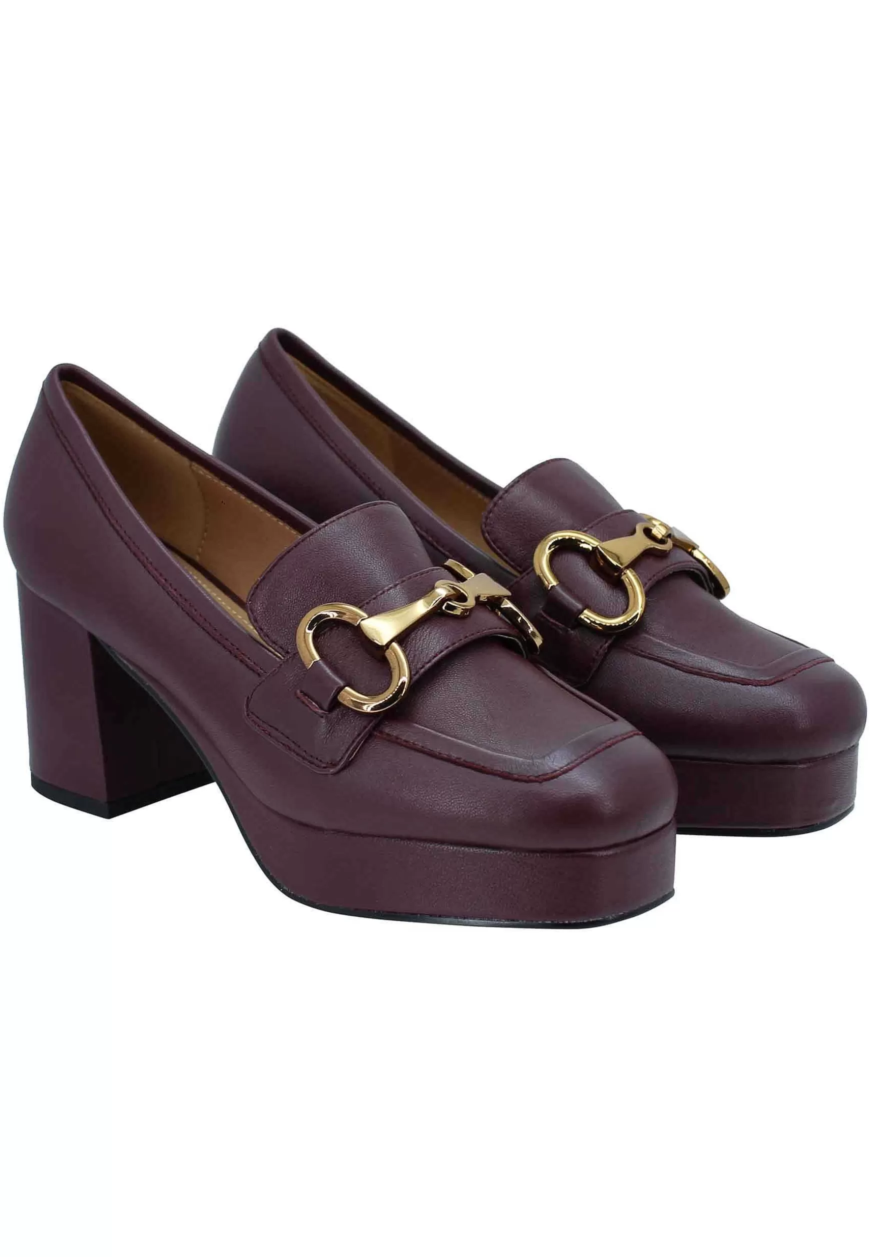 Mocassini Donna In Pelle Bordeaux Con Morsetto Oro Tacco E Plateau*Bibi Lou Sale