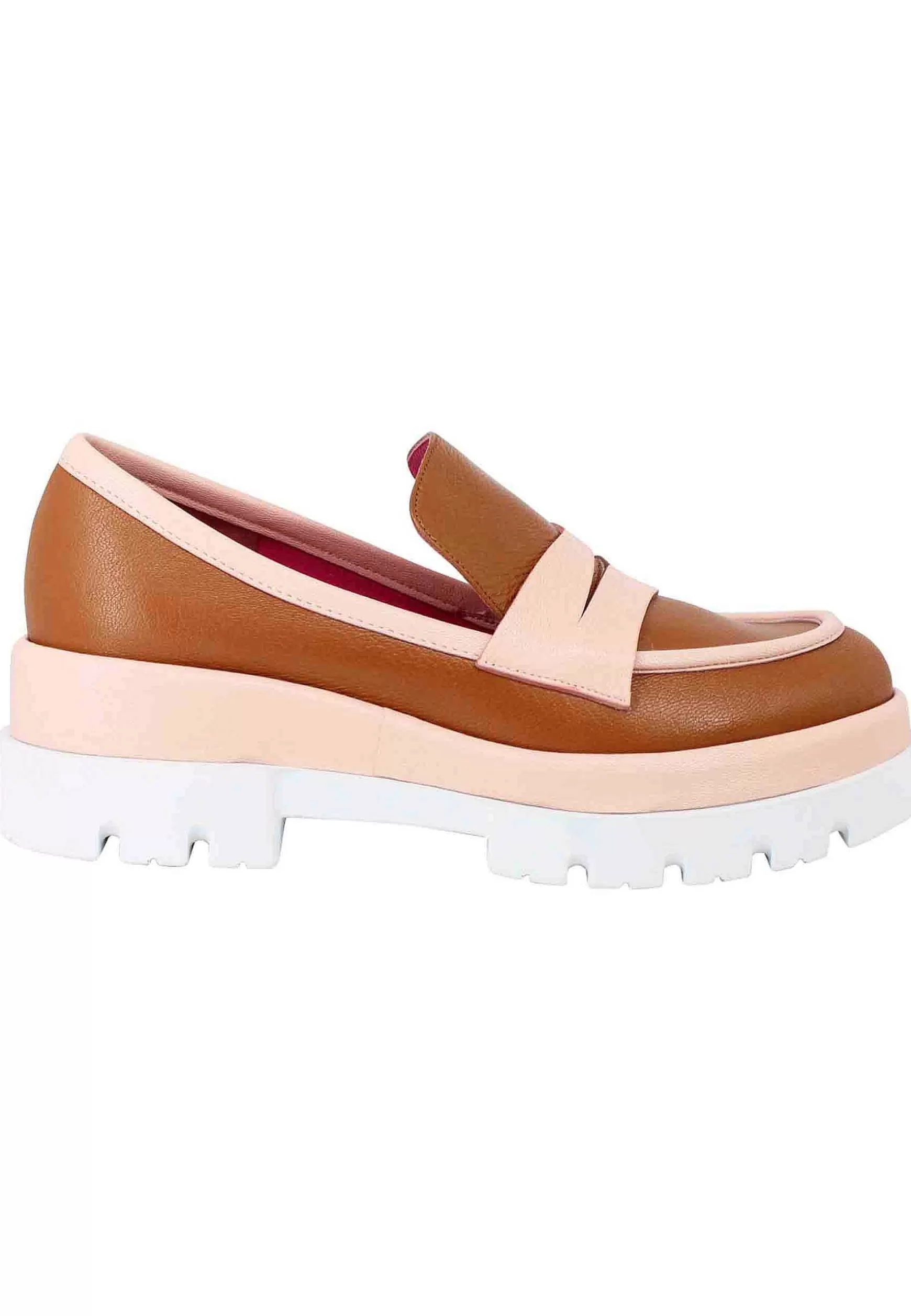 Mocassini Donna In Pelle Cuoio Con Zeppa E Riporti N Pelle Cipria*Le Babe Shop