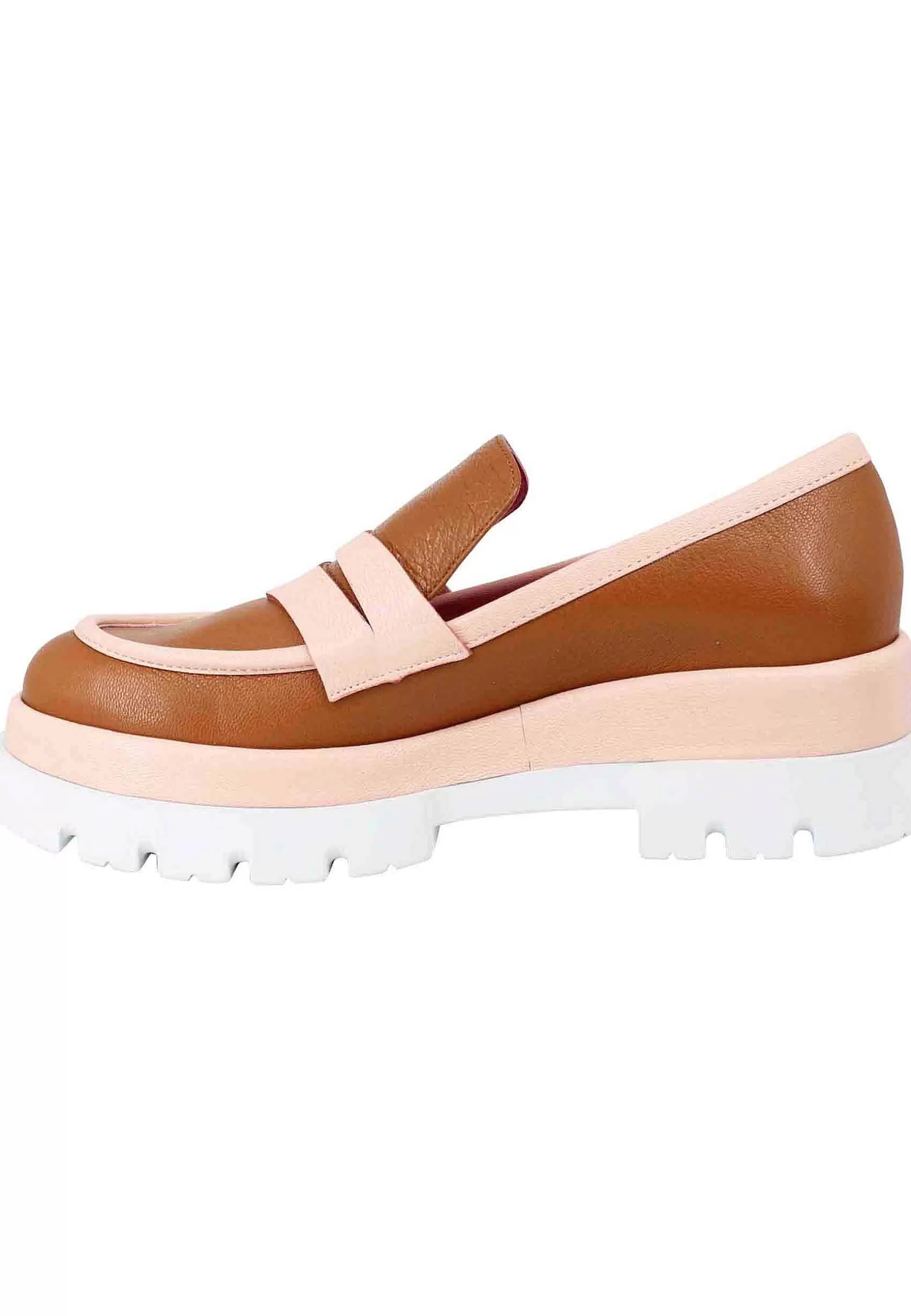 Mocassini Donna In Pelle Cuoio Con Zeppa E Riporti N Pelle Cipria*Le Babe Shop