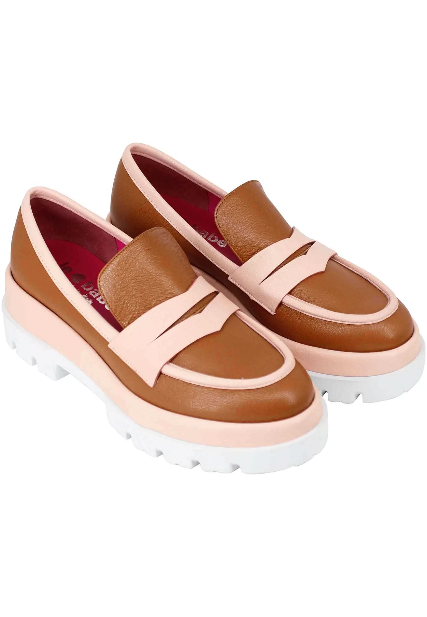 Mocassini Donna In Pelle Cuoio Con Zeppa E Riporti N Pelle Cipria*Le Babe Shop