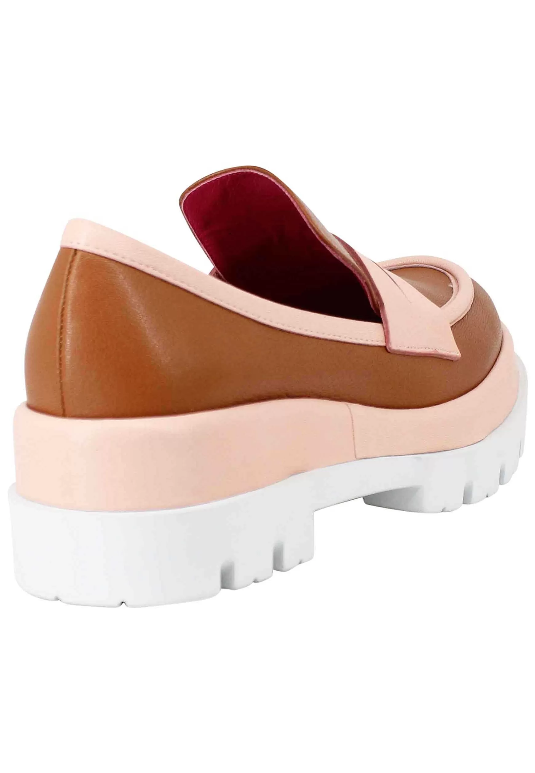 Mocassini Donna In Pelle Cuoio Con Zeppa E Riporti N Pelle Cipria*Le Babe Shop