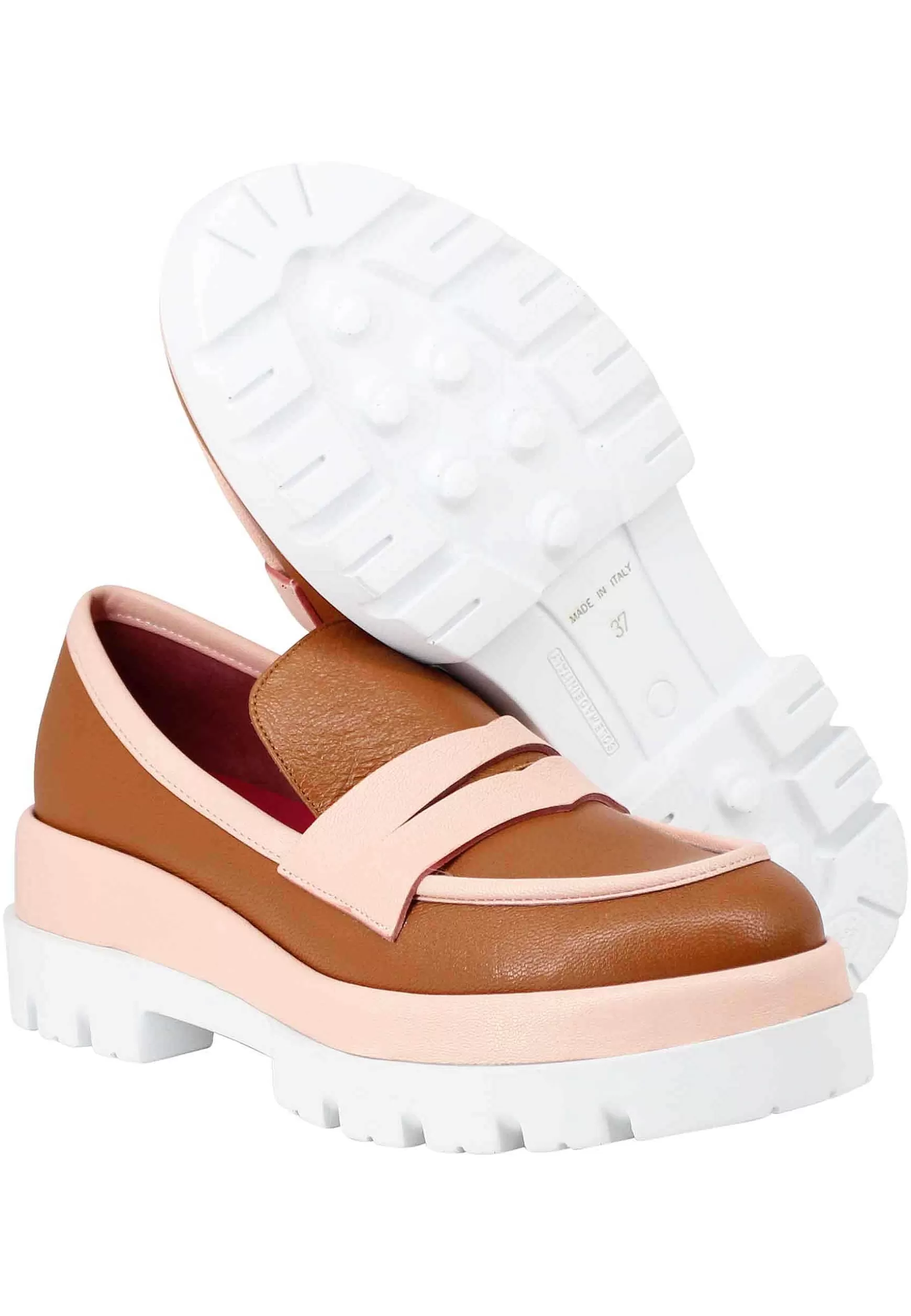 Mocassini Donna In Pelle Cuoio Con Zeppa E Riporti N Pelle Cipria*Le Babe Shop