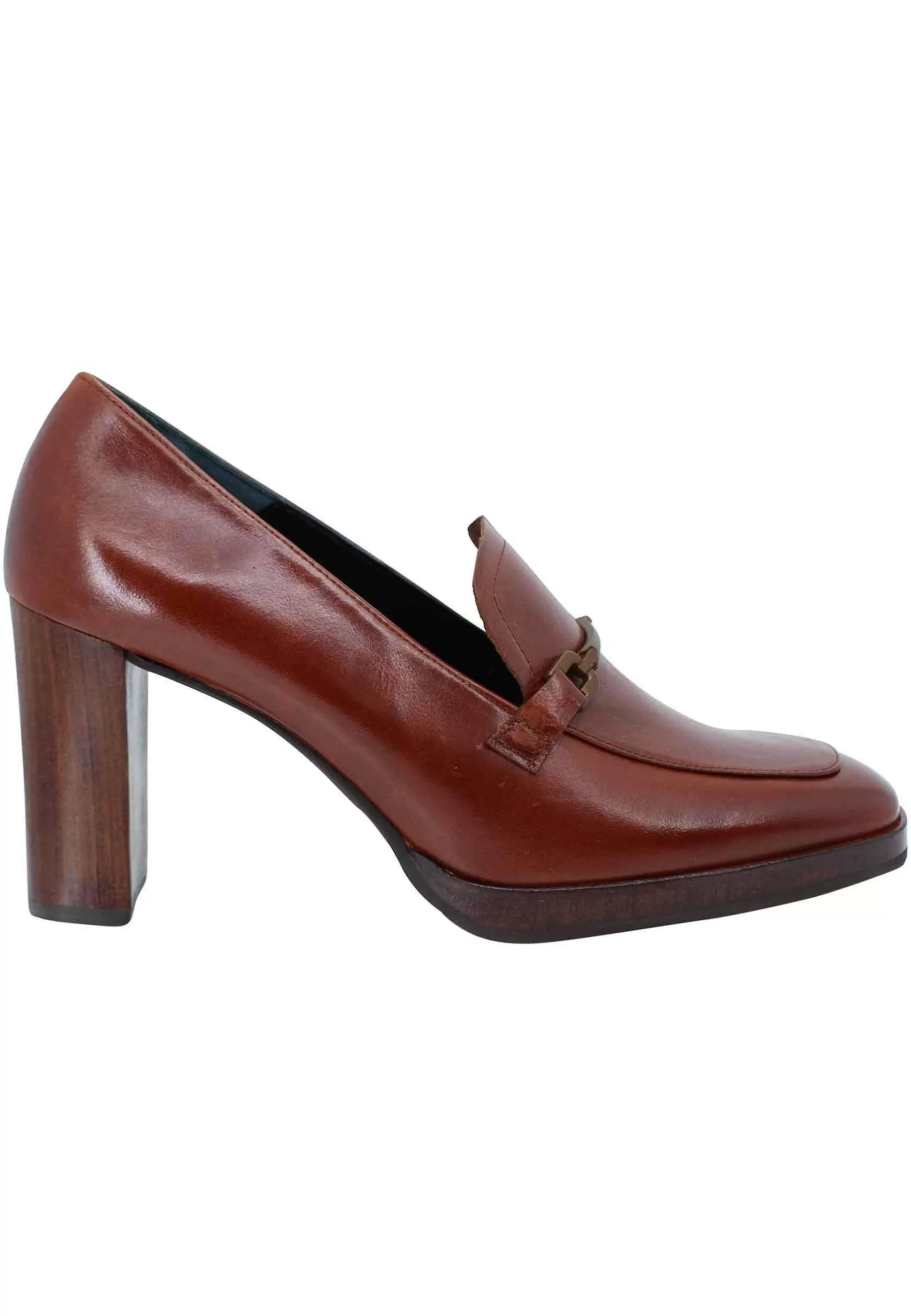 Mocassini Donna In Pelle Cuoio Tacco Alto E Punta Quadra Con Morsetto In Tinta*Zinda Store