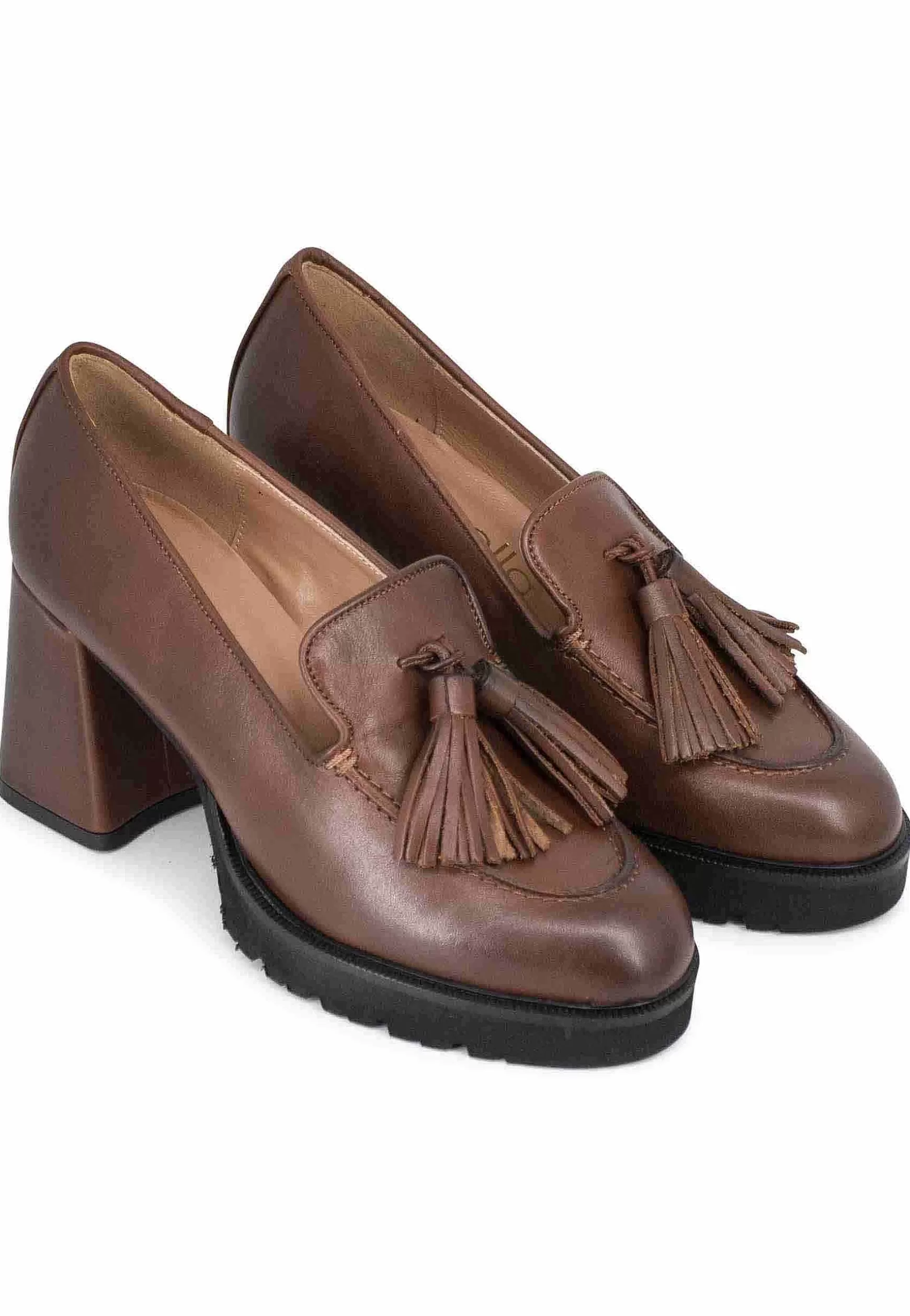 Mocassini Donna In Pelle Marrone Con Nappine E Tacco Alto** Shop