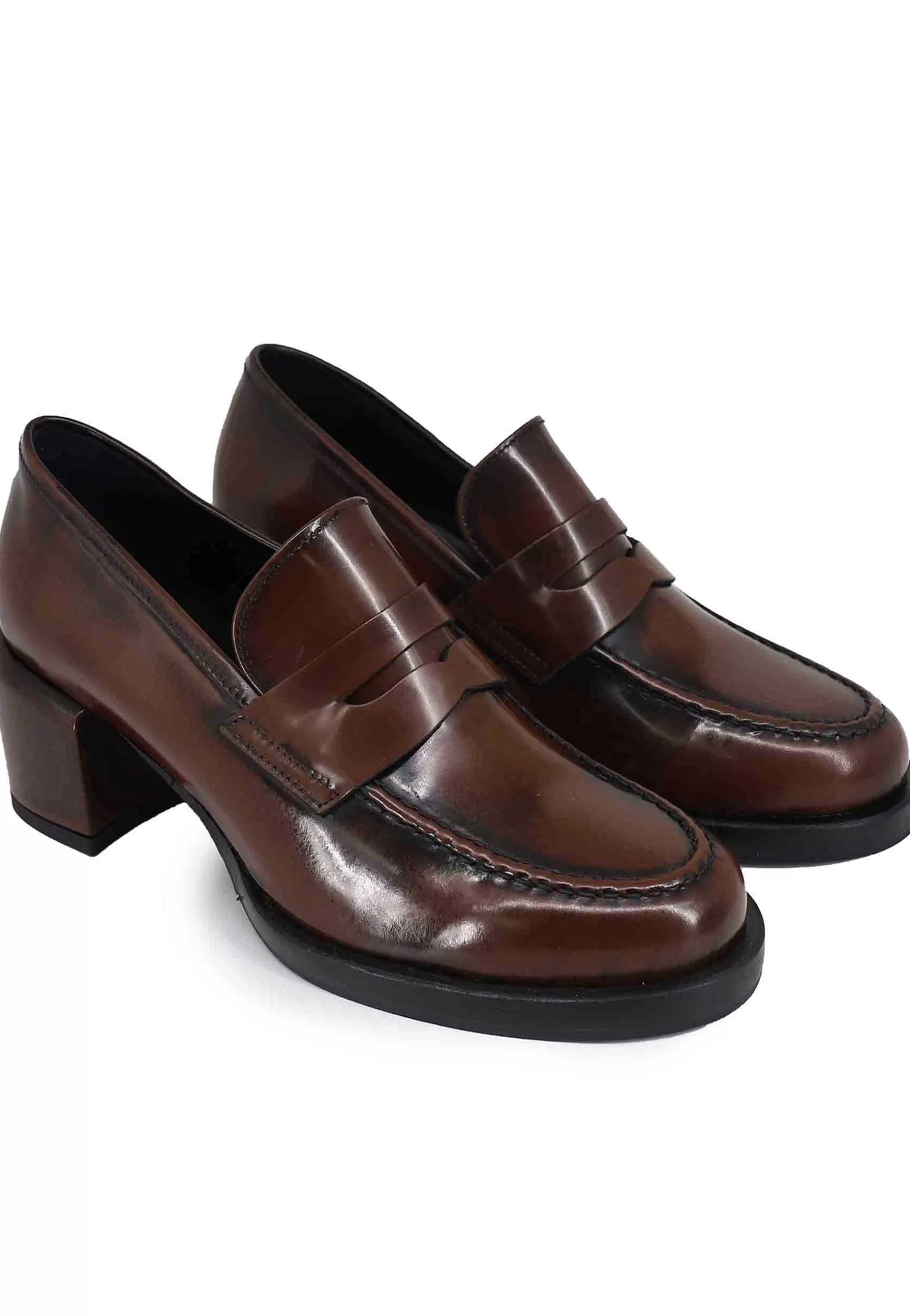 Mocassini Donna In Pelle Marrone Con Tacco In Pelle E Punta Tonda*Poesie Veneziane Sale