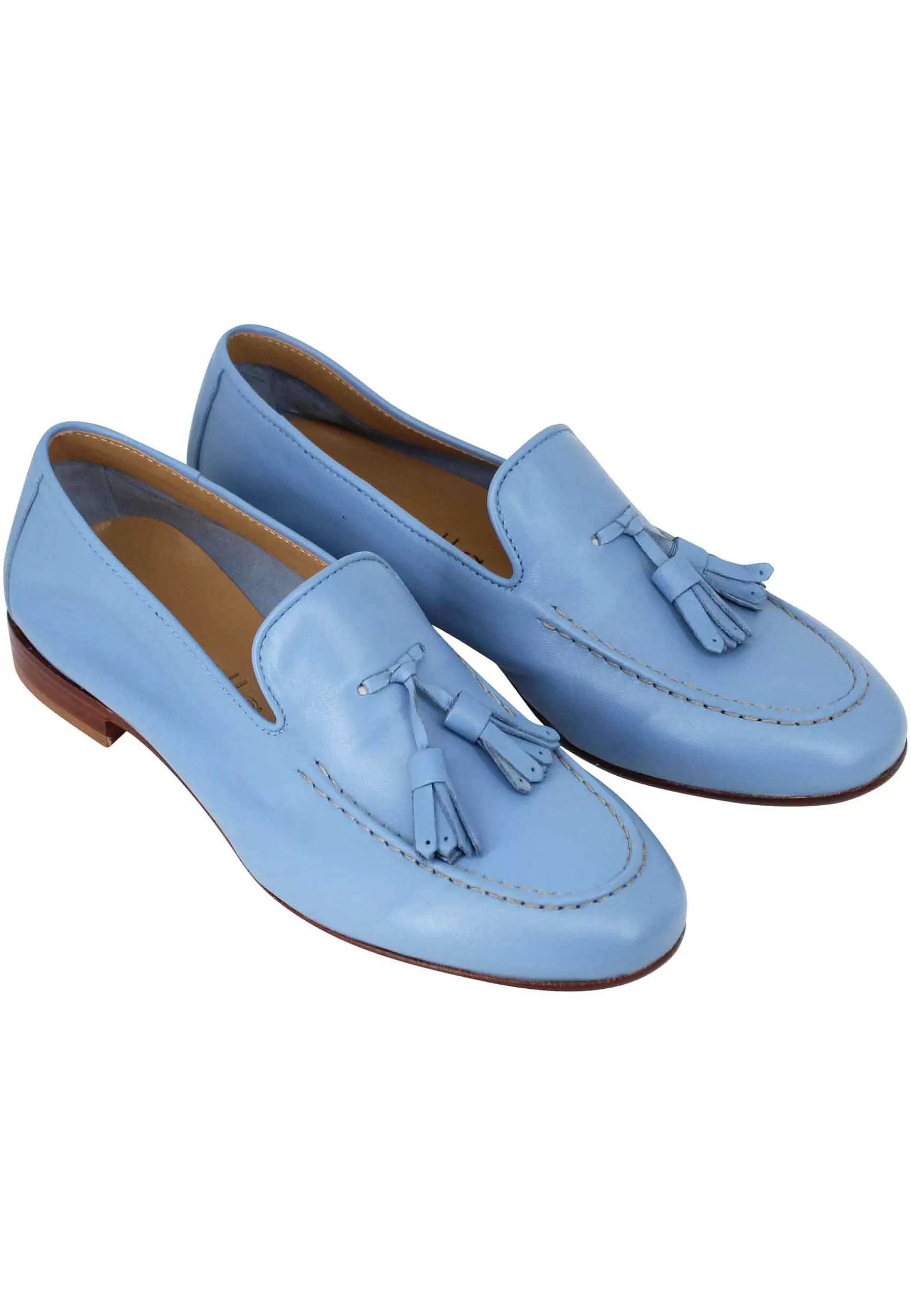 Mocassini Donna In Pelle Naturale Celeste Con Nappine In Tinta** Shop