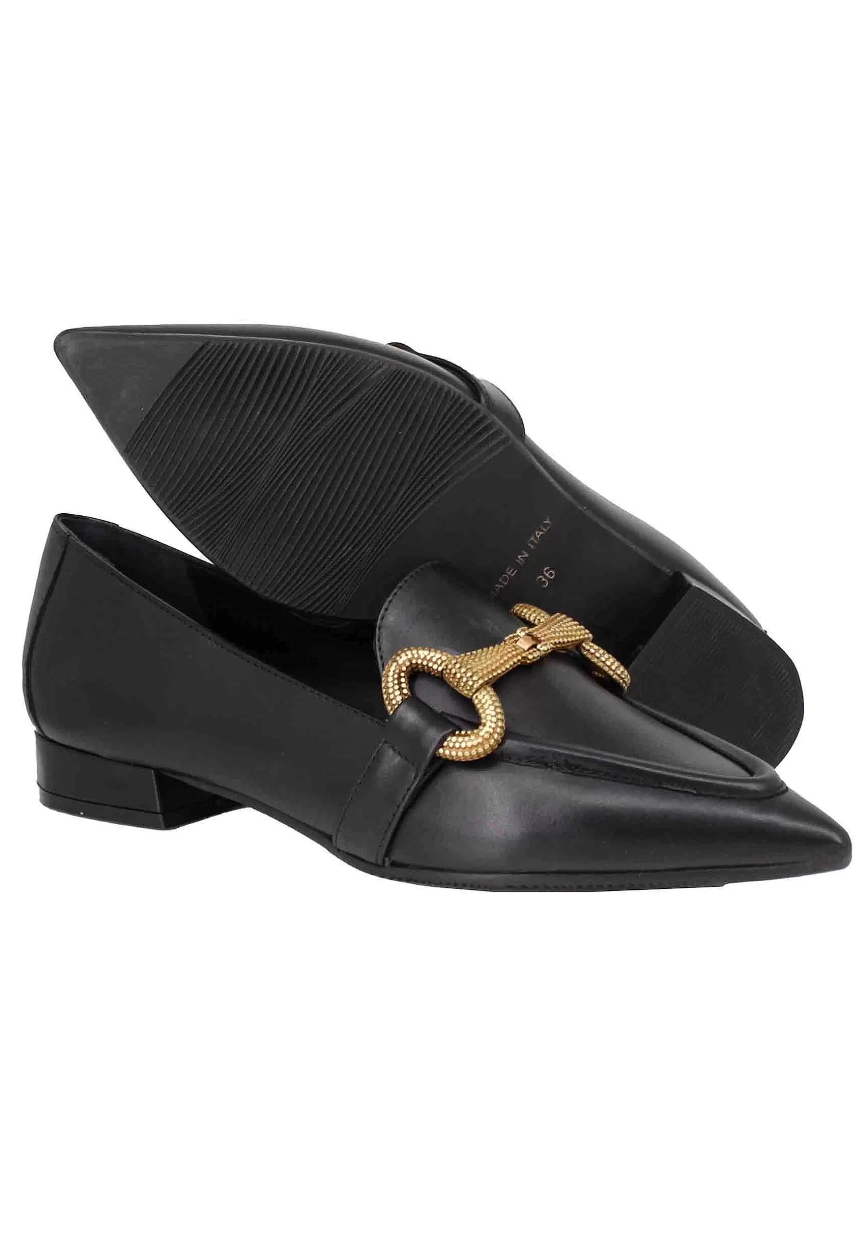 Mocassini Donna In Pelle Nera Tacco Basso Con Morsetto E Punta A Punta** Hot