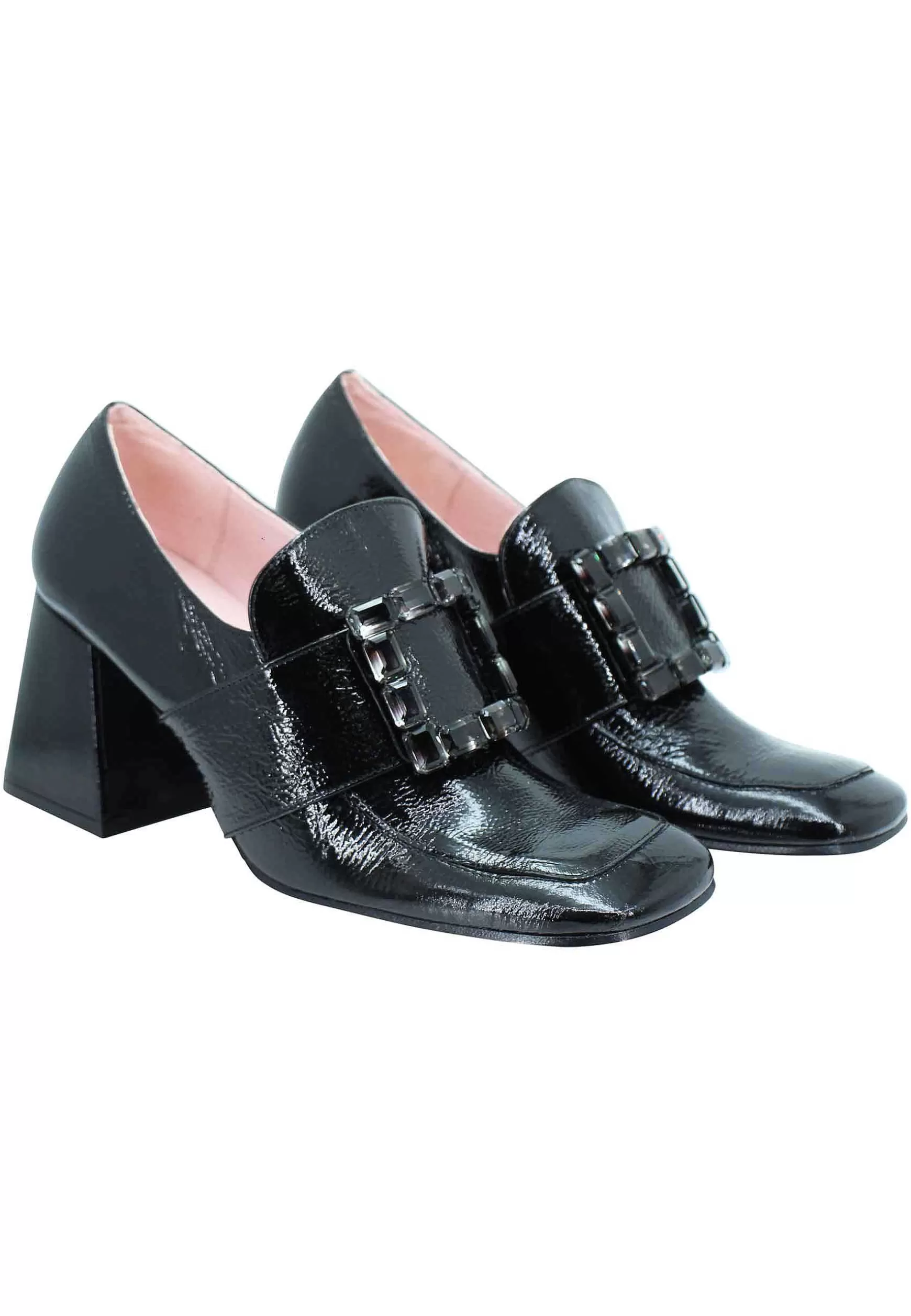 Mocassini Donna In Vernice Nera Con Fibbia In Sts Punta Quadra E Tacco Alto*Ras Clearance
