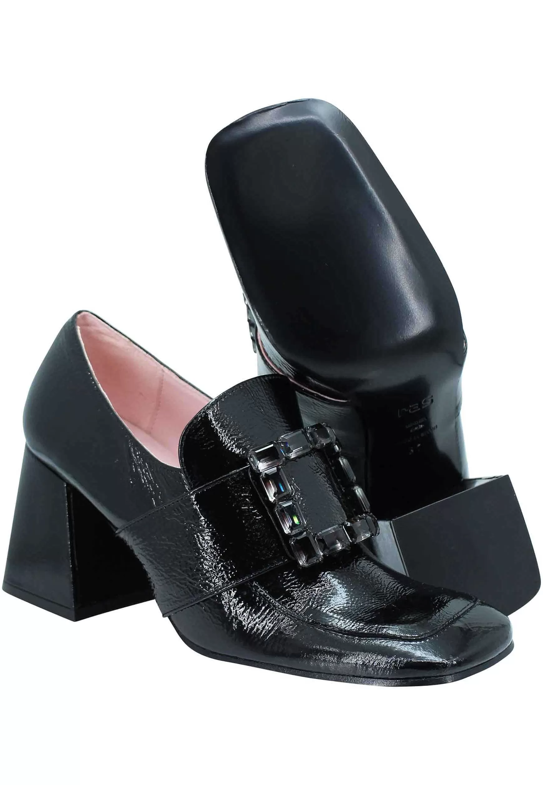 Mocassini Donna In Vernice Nera Con Fibbia In Sts Punta Quadra E Tacco Alto*Ras Clearance