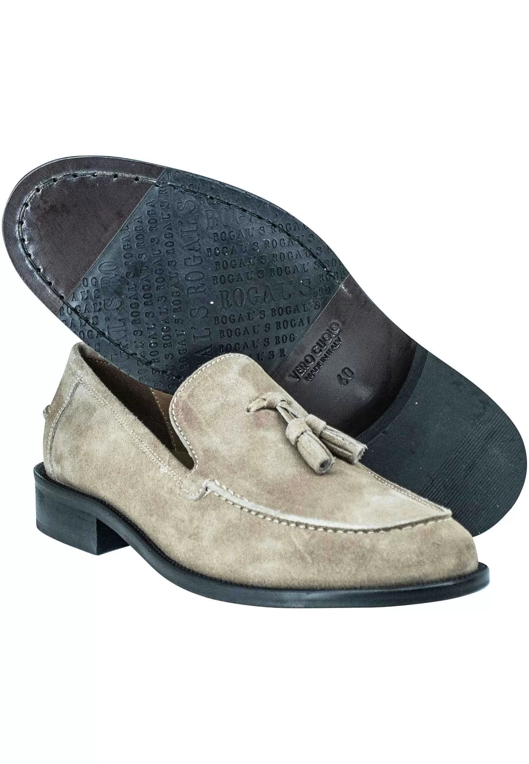 Mocassini Uomo In Camoscio Taupe Con Nappine E Suola In Cuoio Cucita*Rogal Sale