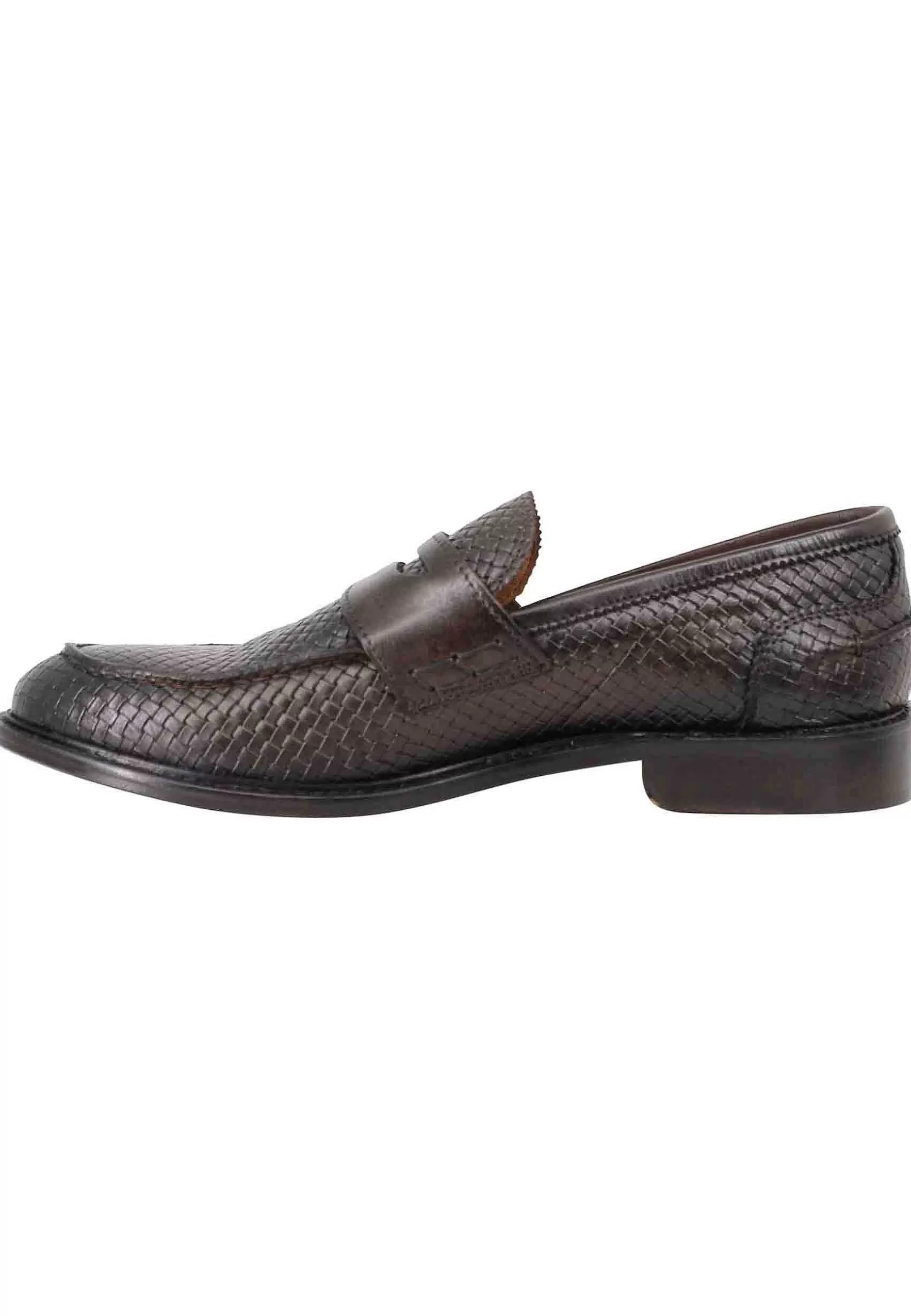 Mocassini Uomo In Pelle Intrecciata Testa Di Moro Con Suola In Cuoio Cucita** Discount