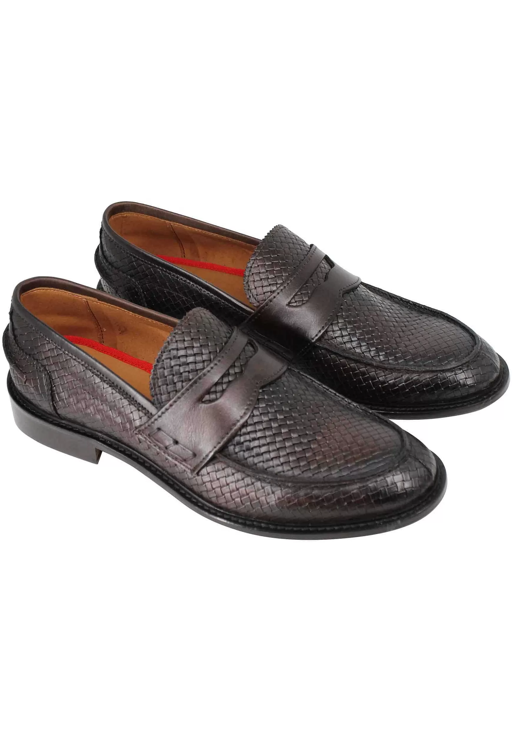 Mocassini Uomo In Pelle Intrecciata Testa Di Moro Con Suola In Cuoio Cucita** Discount