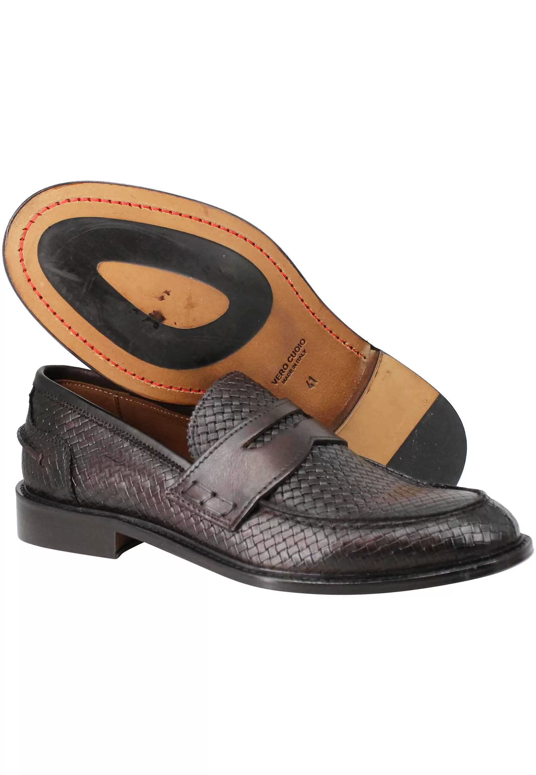 Mocassini Uomo In Pelle Intrecciata Testa Di Moro Con Suola In Cuoio Cucita** Discount