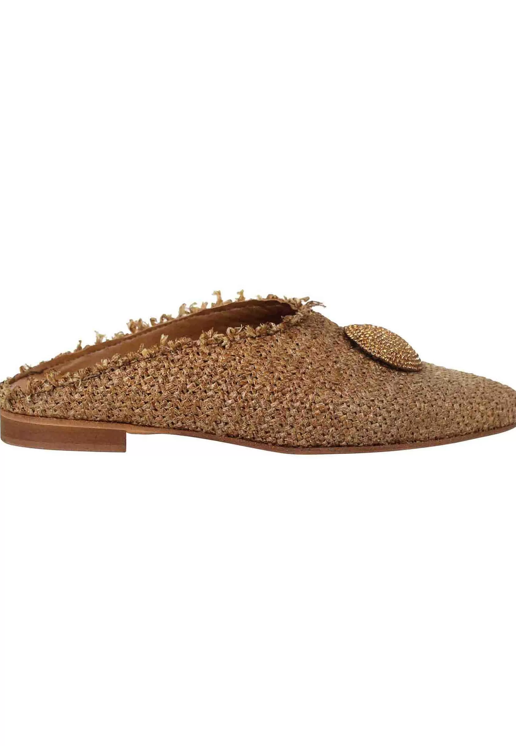 Mule Donna In Rafia Cuoio Con Accesorio E Tacco Basso*Zoe Fashion