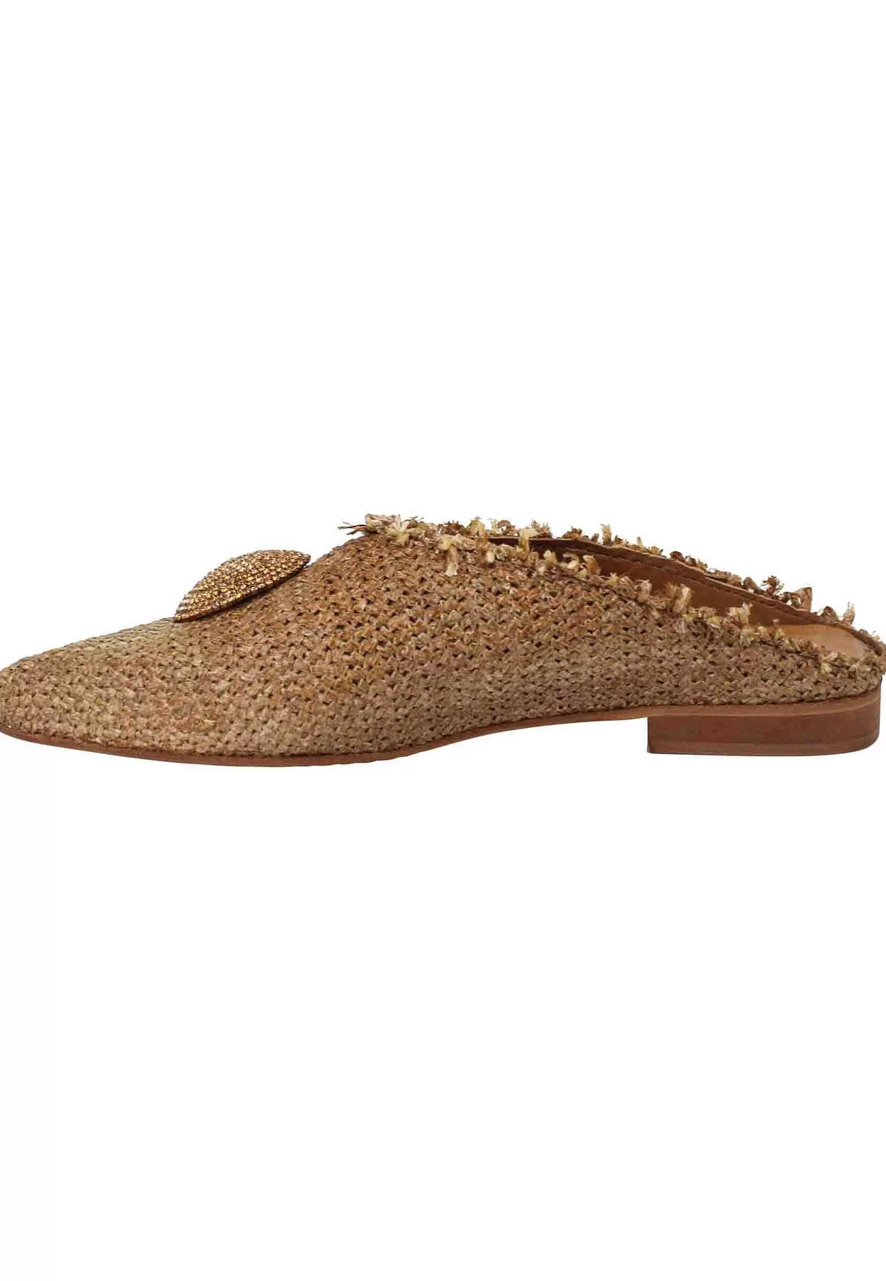 Mule Donna In Rafia Cuoio Con Accesorio E Tacco Basso*Zoe Fashion