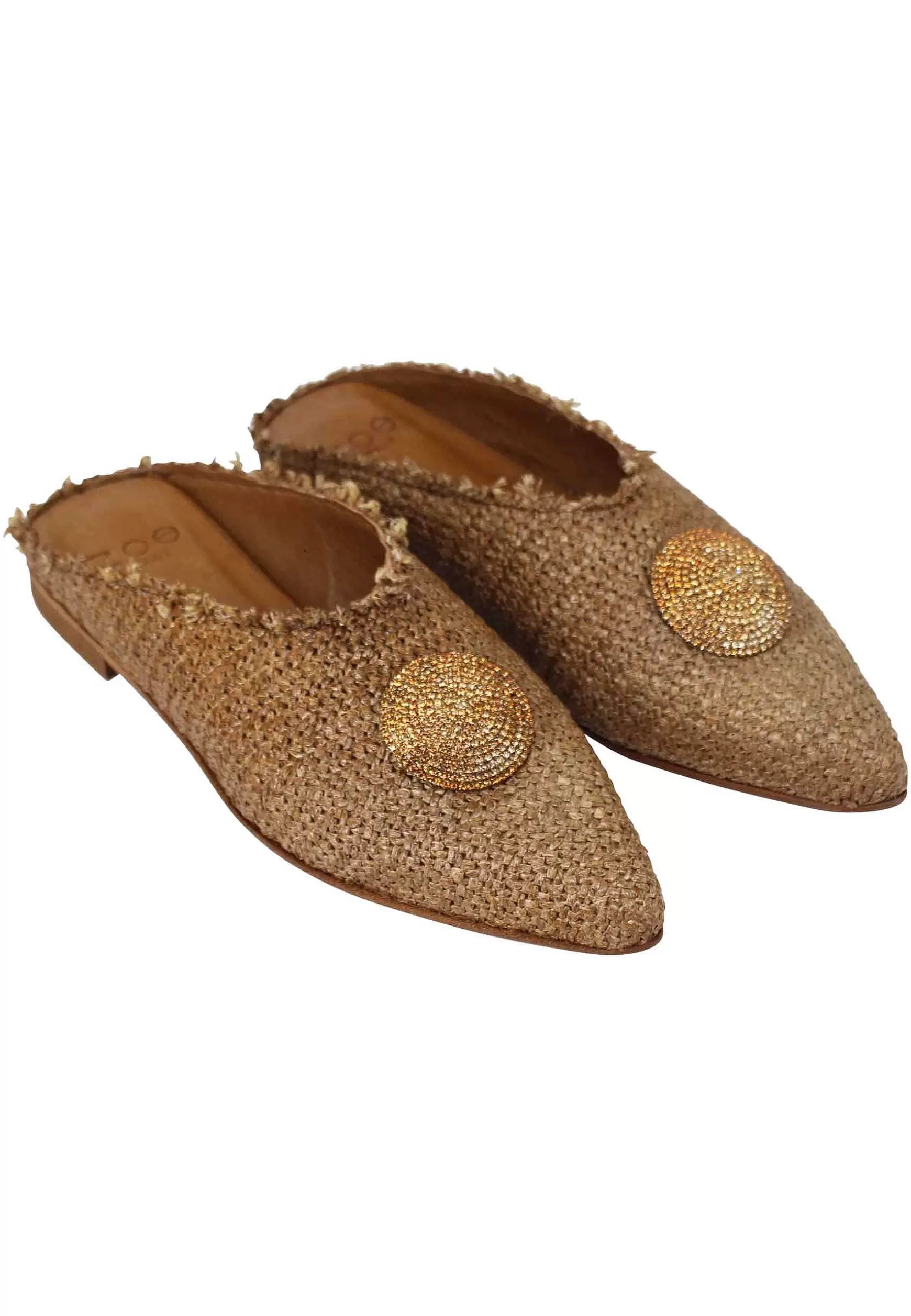 Mule Donna In Rafia Cuoio Con Accesorio E Tacco Basso*Zoe Fashion
