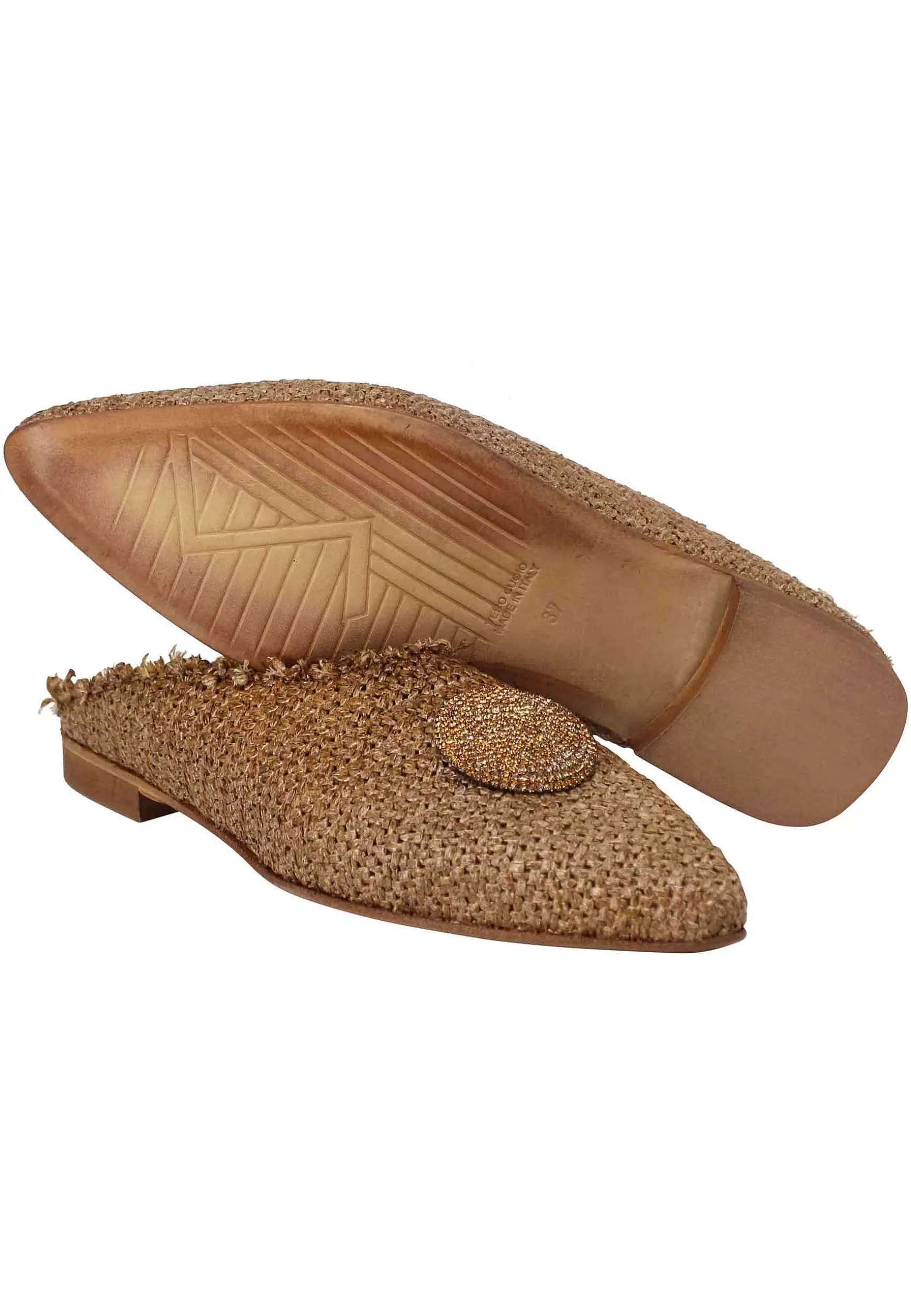 Mule Donna In Rafia Cuoio Con Accesorio E Tacco Basso*Zoe Fashion