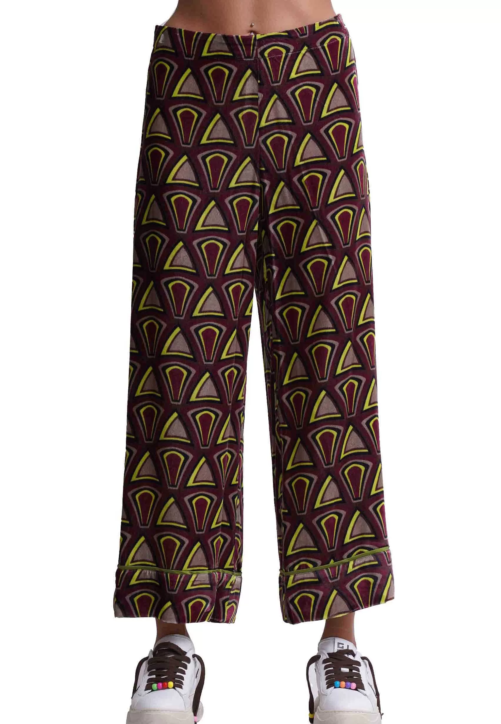 Pantaloni Donna Velvet Print In Velluto Stampato Nero Con Gamba Larga*Maliparmi Clearance